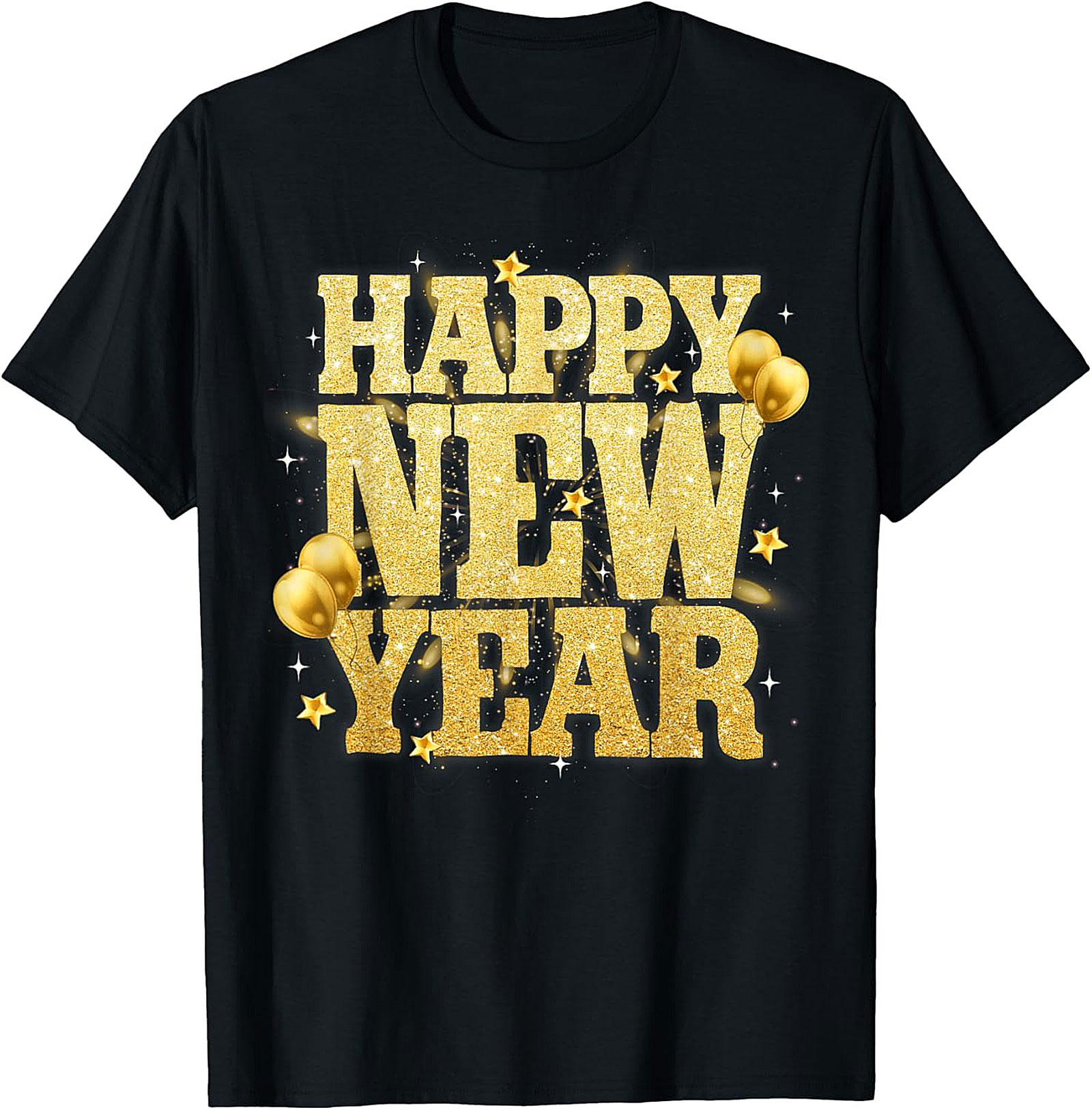 Happy New Year T-Shirt Festive Gold Glitter Graphic Tee
