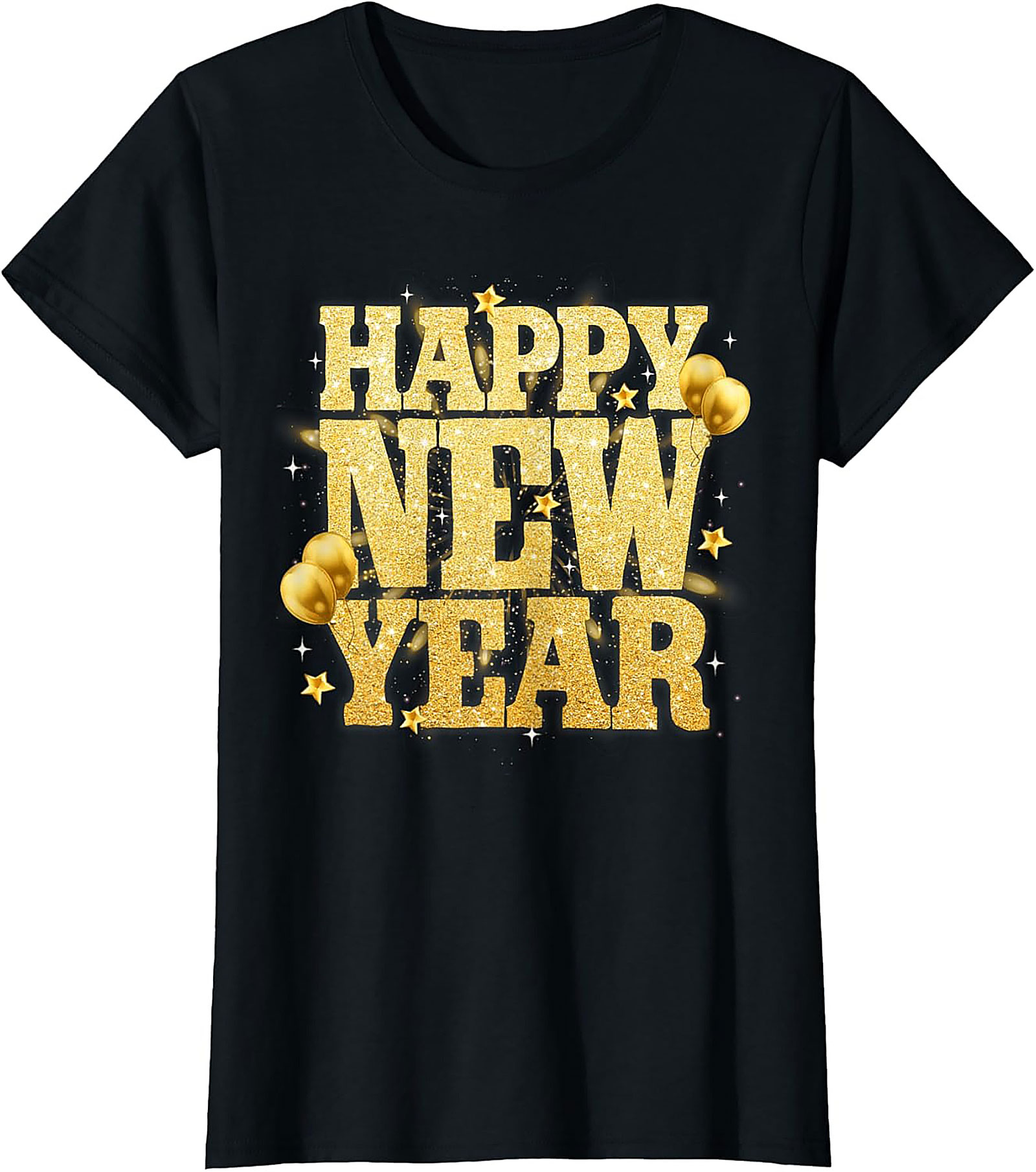 Happy New Year T-Shirt Festive Gold Glitter Graphic Tee