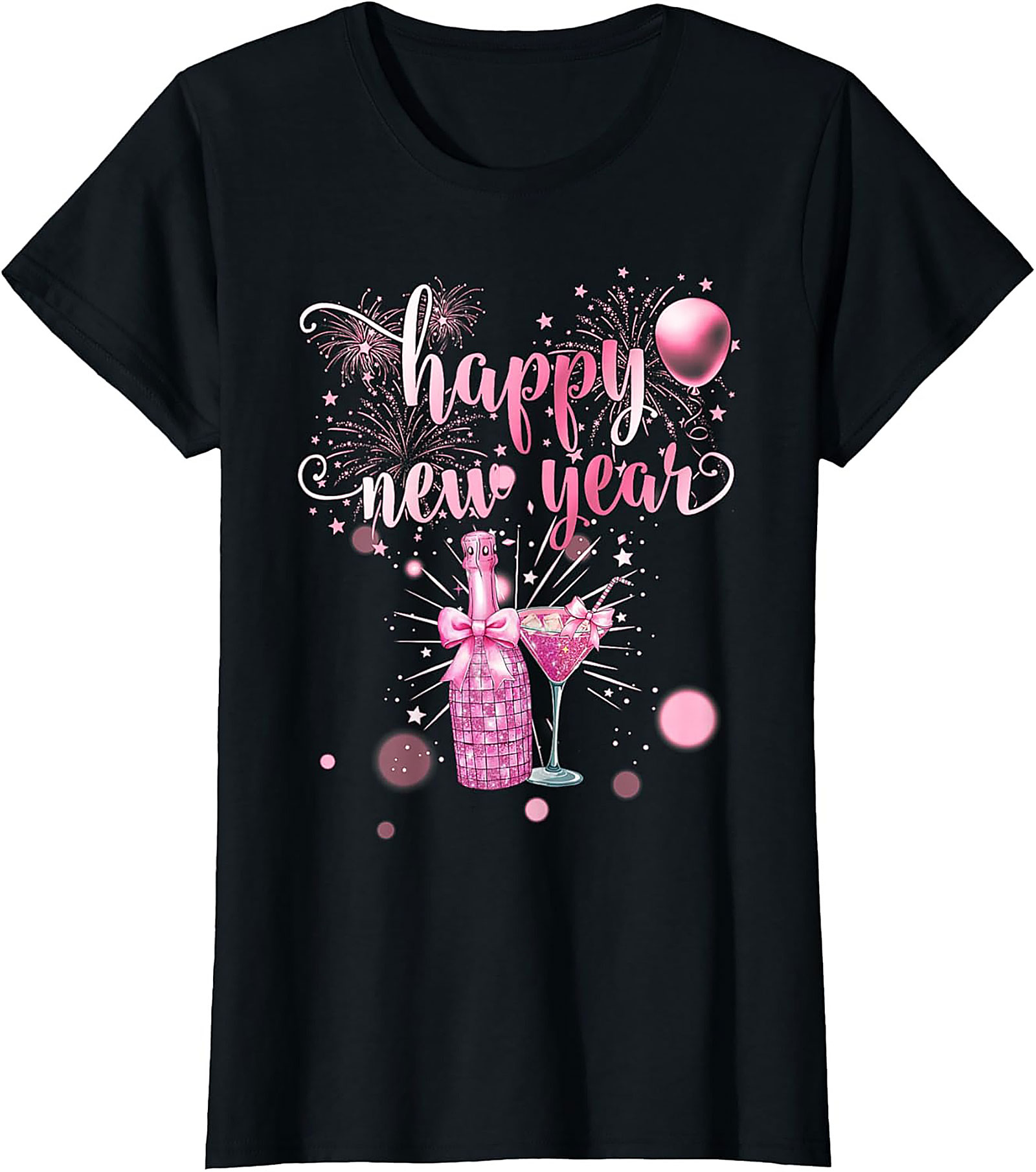 Pink Glitter Happy New Year T-shirt Unisex Celebration Tee