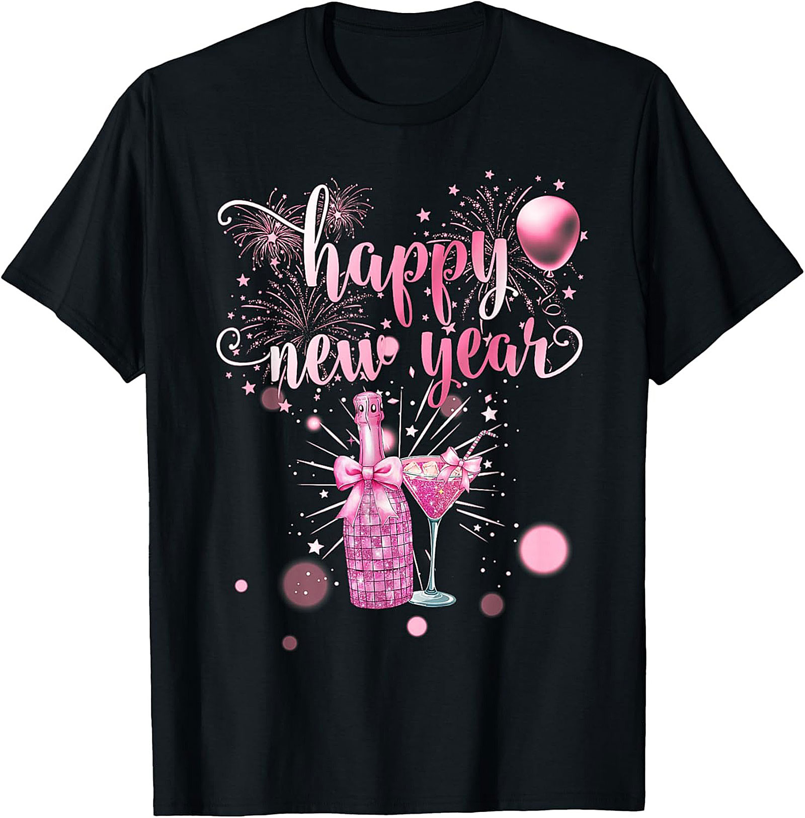 Pink Glitter Happy New Year T-shirt Unisex Celebration Tee