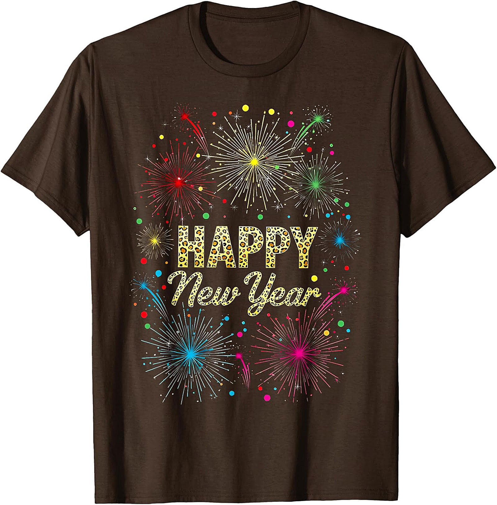 Happy New Year T-shirt Festive Fireworks Leopard Graphic Tee