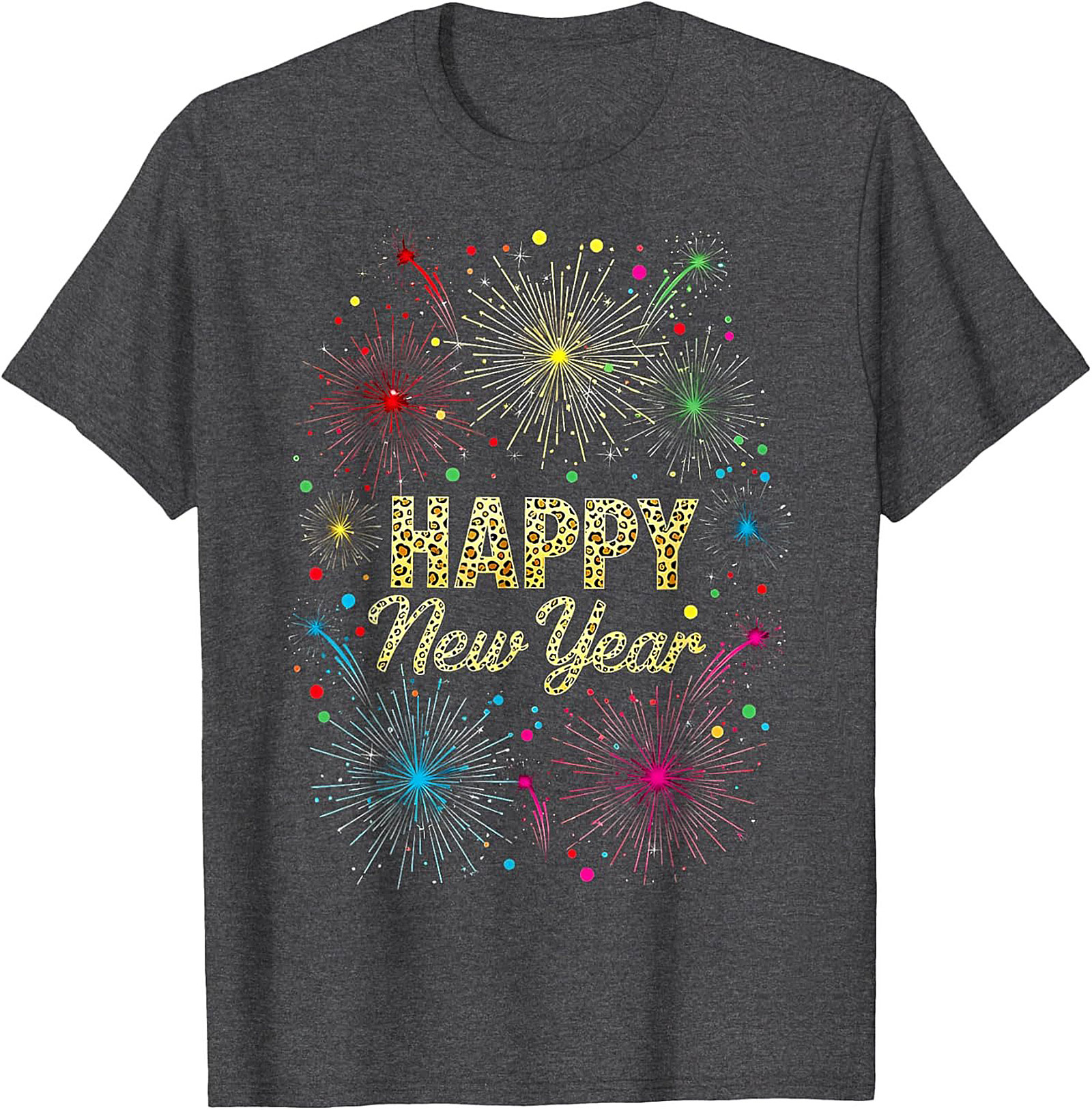 Happy New Year T-shirt Festive Fireworks Leopard Graphic Tee