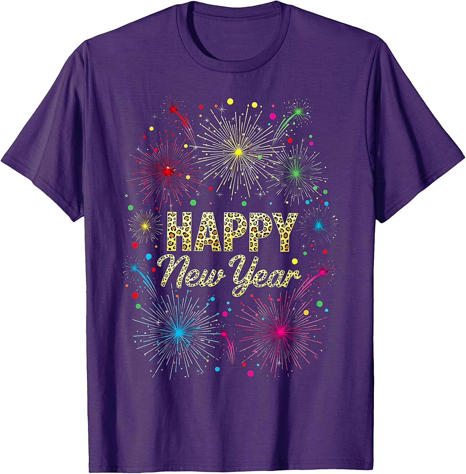 Happy New Year T-shirt Festive Fireworks Leopard Graphic Tee