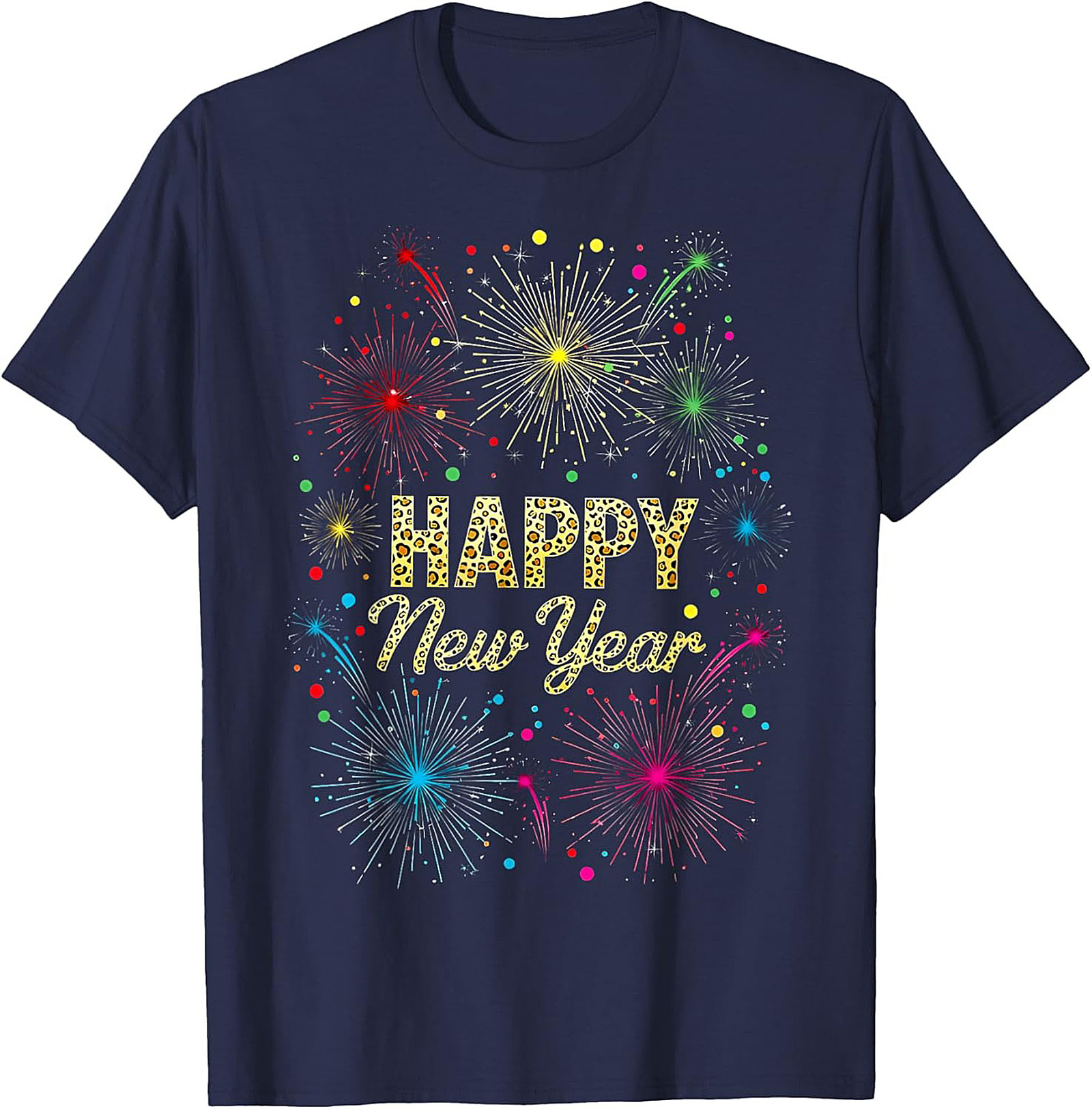 Happy New Year T-shirt Festive Fireworks Leopard Graphic Tee