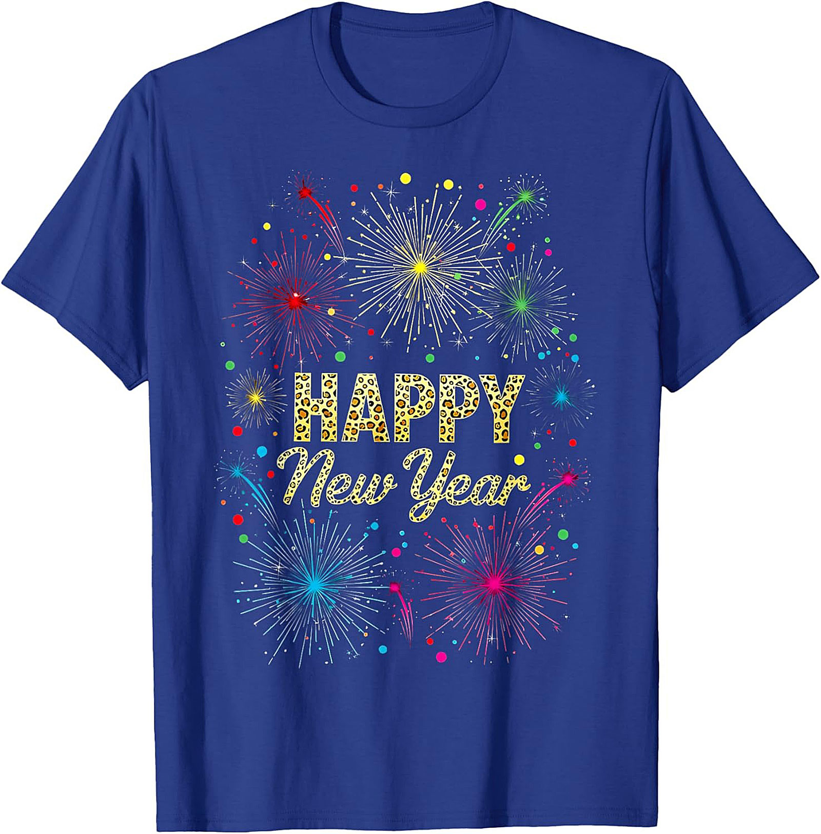 Happy New Year T-shirt Festive Fireworks Leopard Graphic Tee