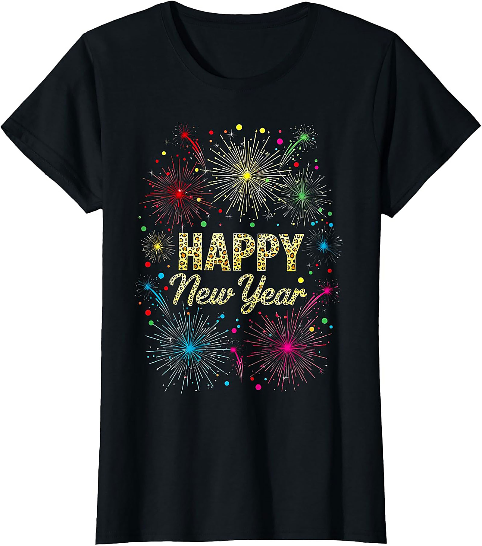Happy New Year T-shirt Festive Fireworks Leopard Graphic Tee
