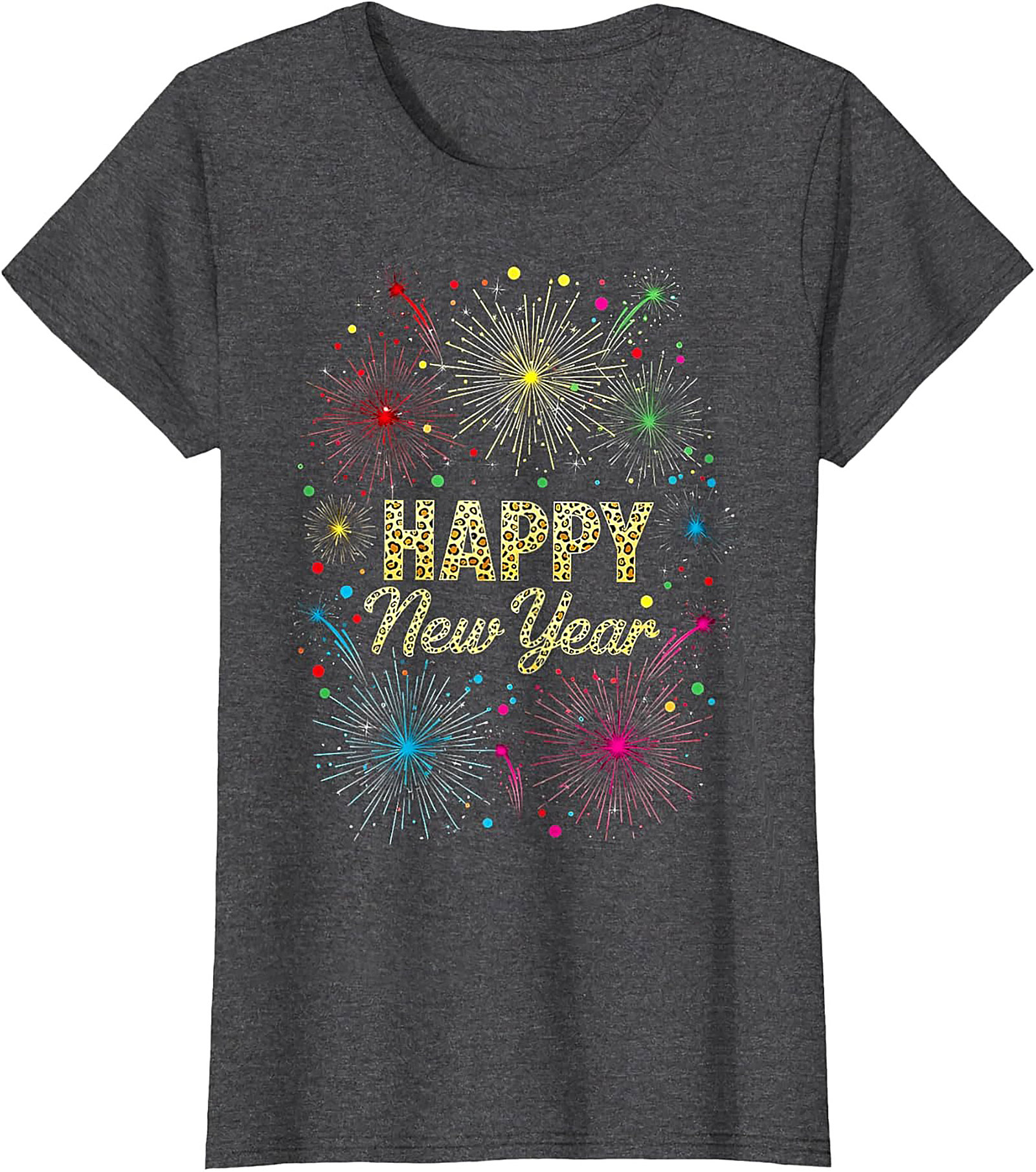 Happy New Year T-shirt Festive Fireworks Leopard Graphic Tee