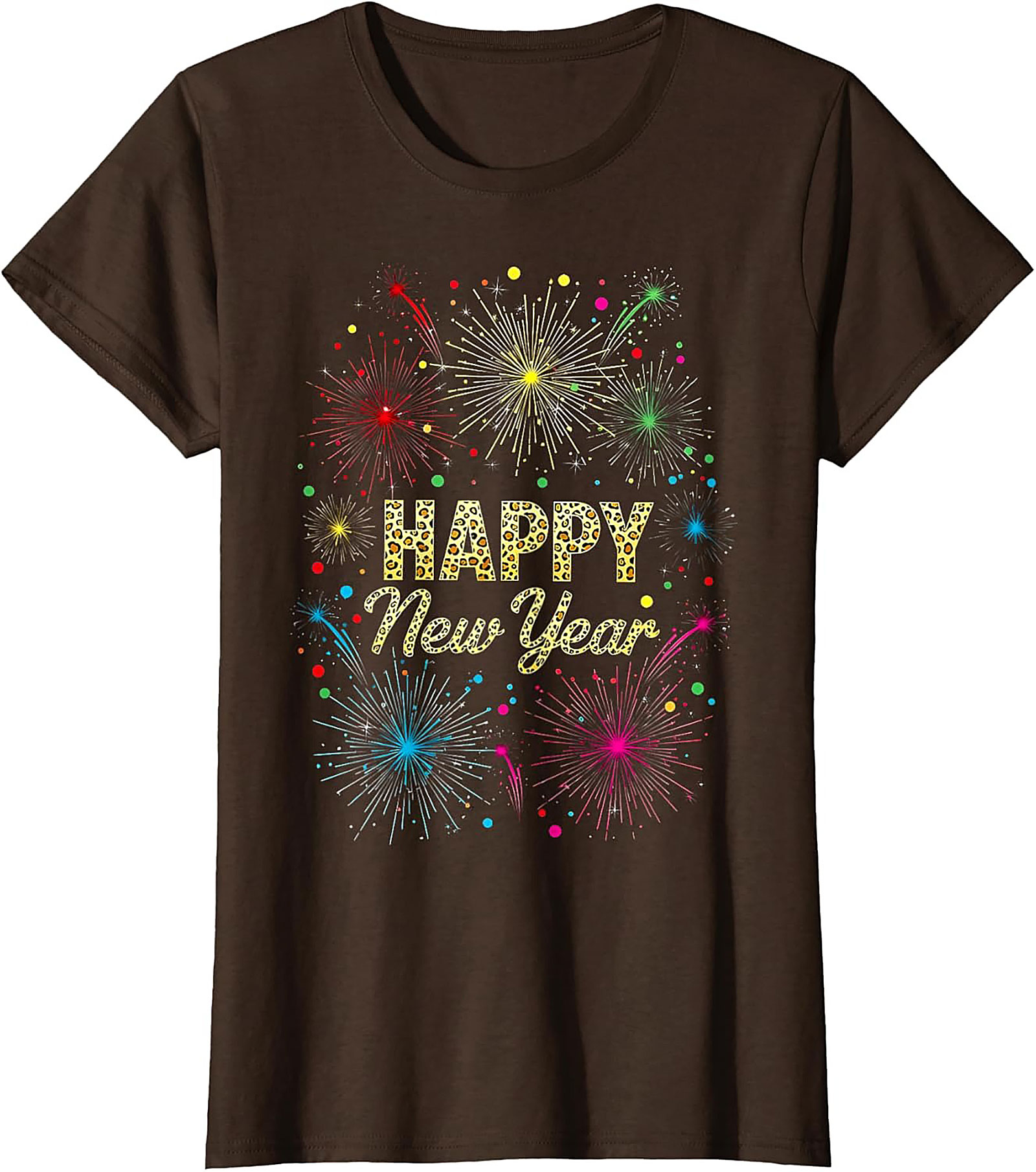 Happy New Year T-shirt Festive Fireworks Leopard Graphic Tee