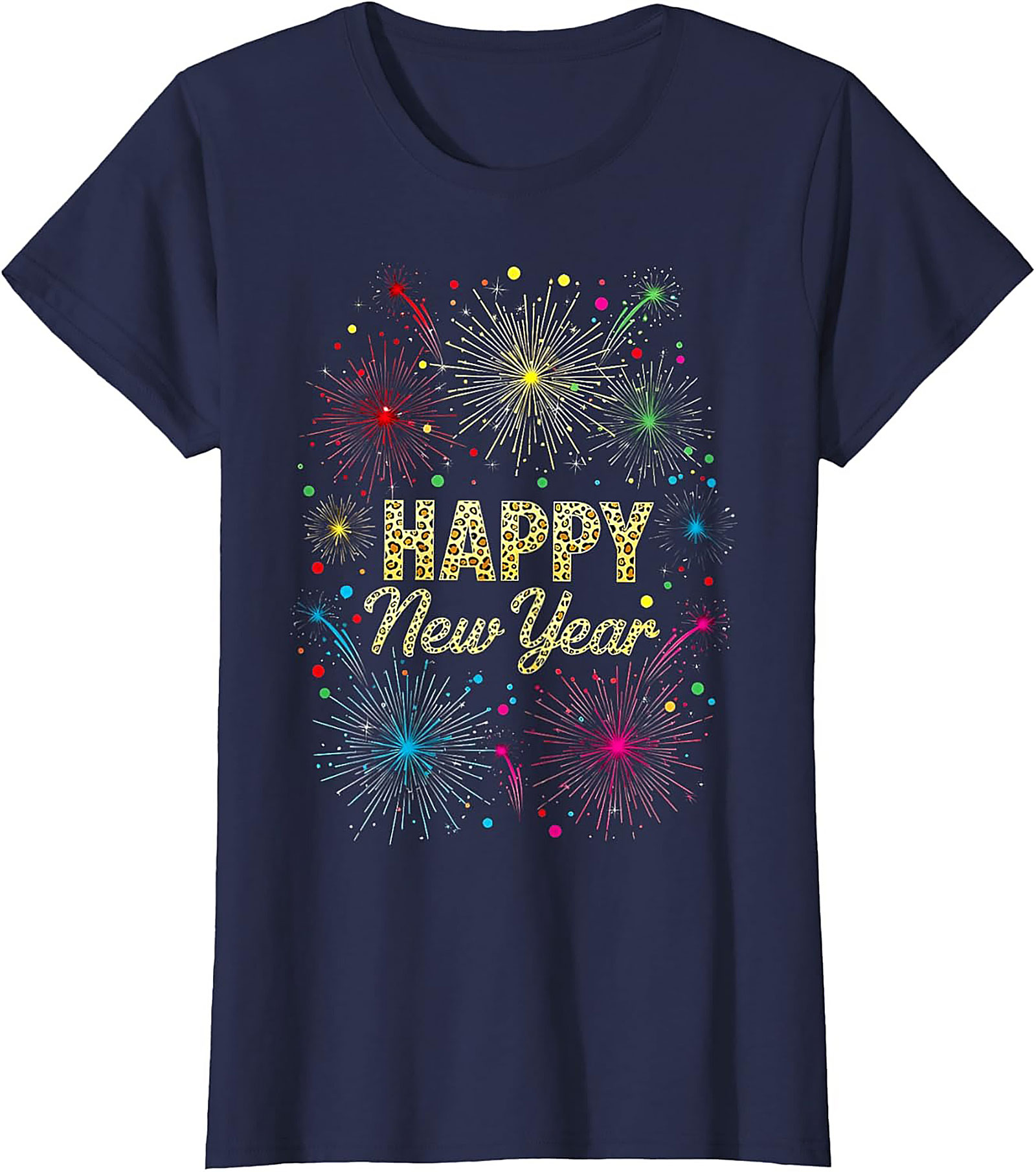 Happy New Year T-shirt Festive Fireworks Leopard Graphic Tee