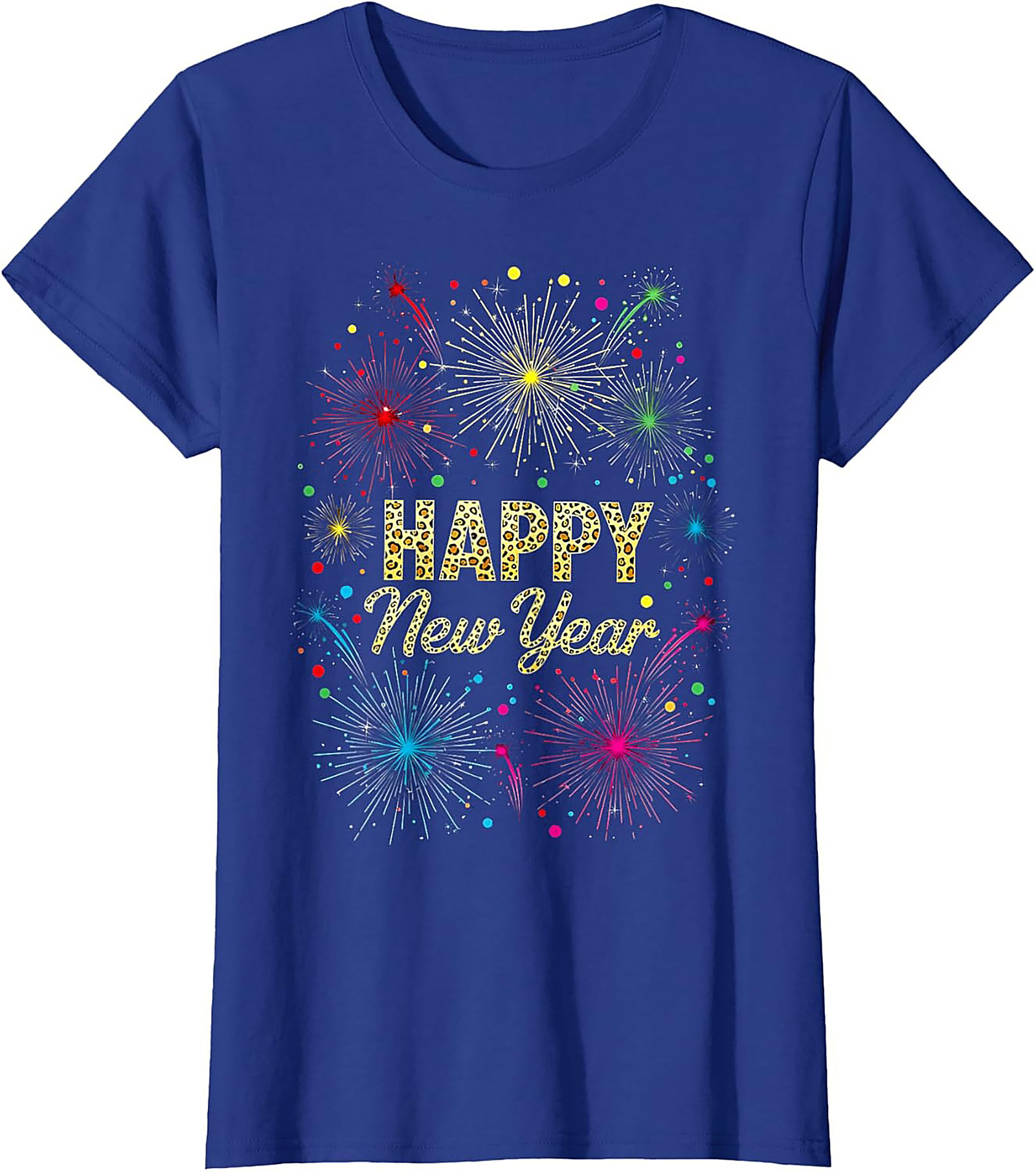 Happy New Year T-shirt Festive Fireworks Leopard Graphic Tee