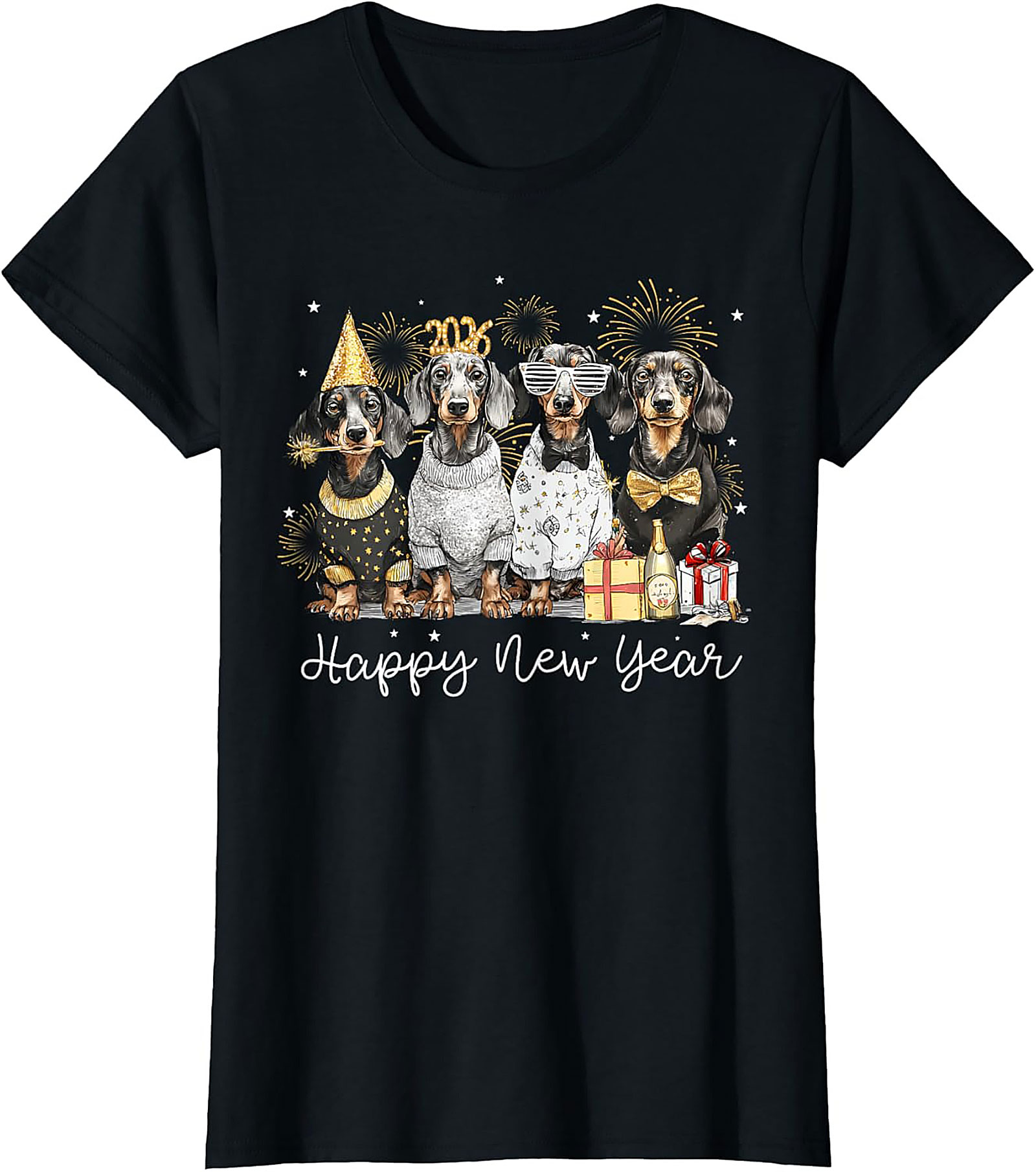 Funny Dachshund New Year Graphic Tee Dog Party Shirt