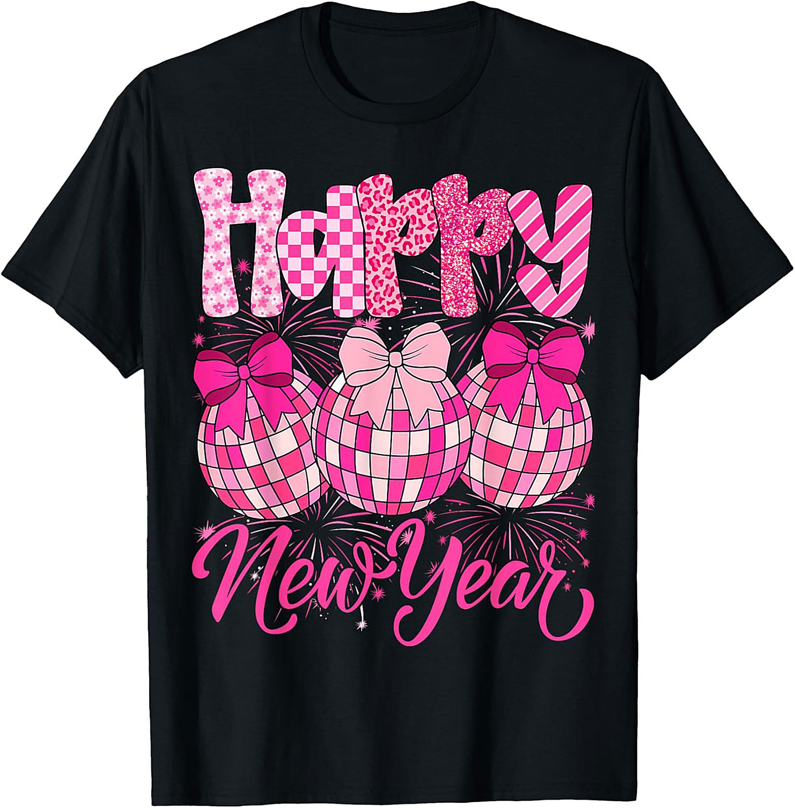 Pink Groovy New Year T-shirt Retro Disco Ball Graphic Tee