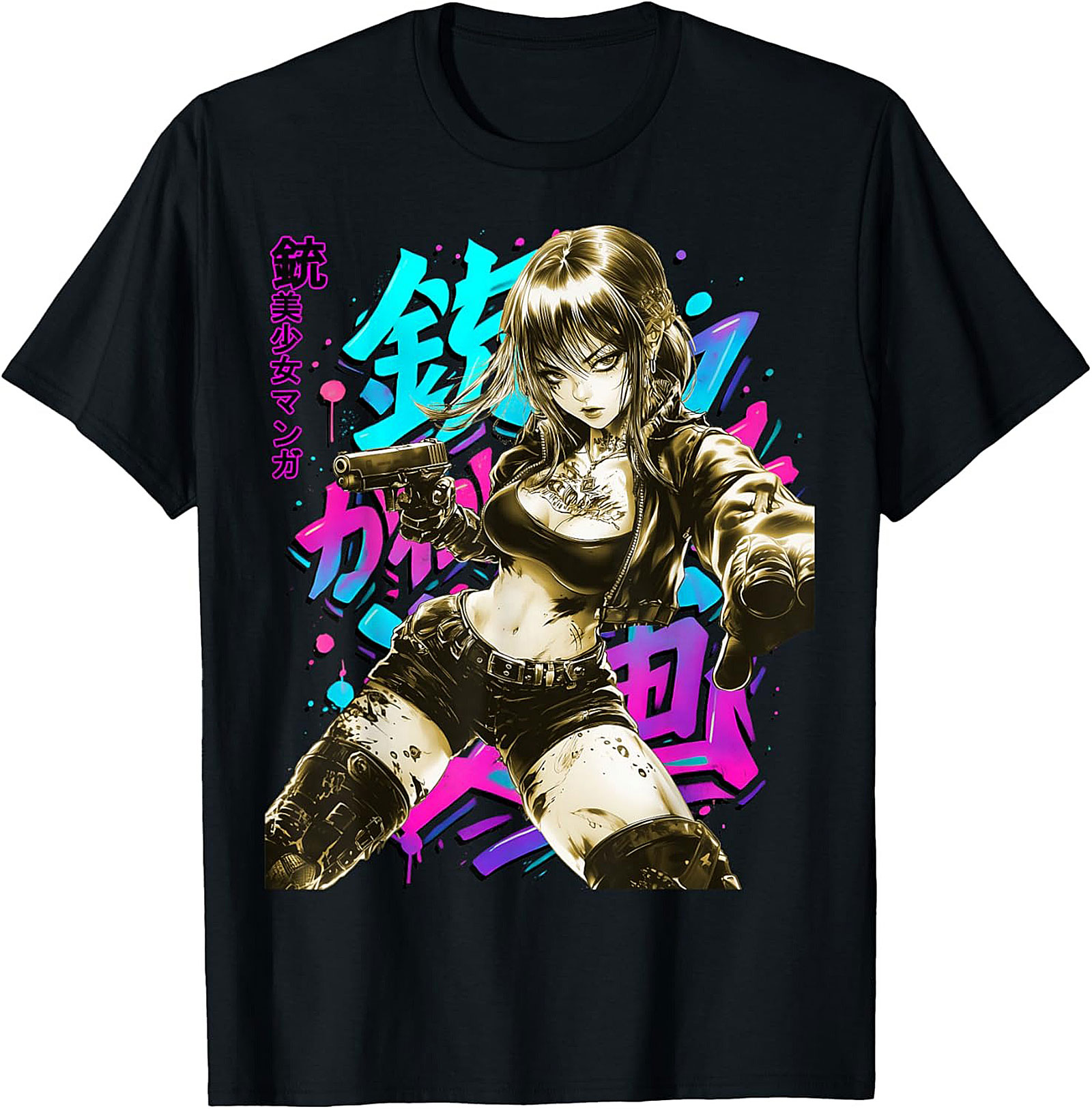 Cyberpunk Anime Girl Graphic Tee | Neon Action Shirt