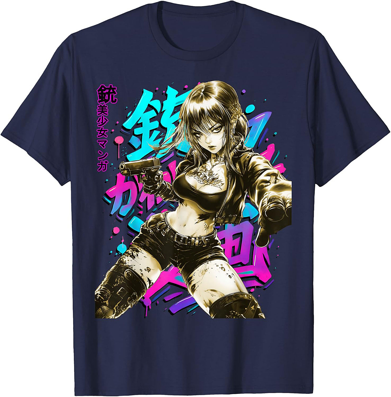 Cyberpunk Anime Girl Graphic Tee | Neon Action Shirt