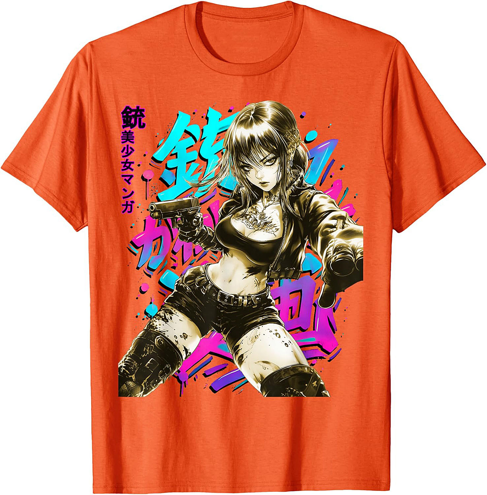 Cyberpunk Anime Girl Graphic Tee | Neon Action Shirt