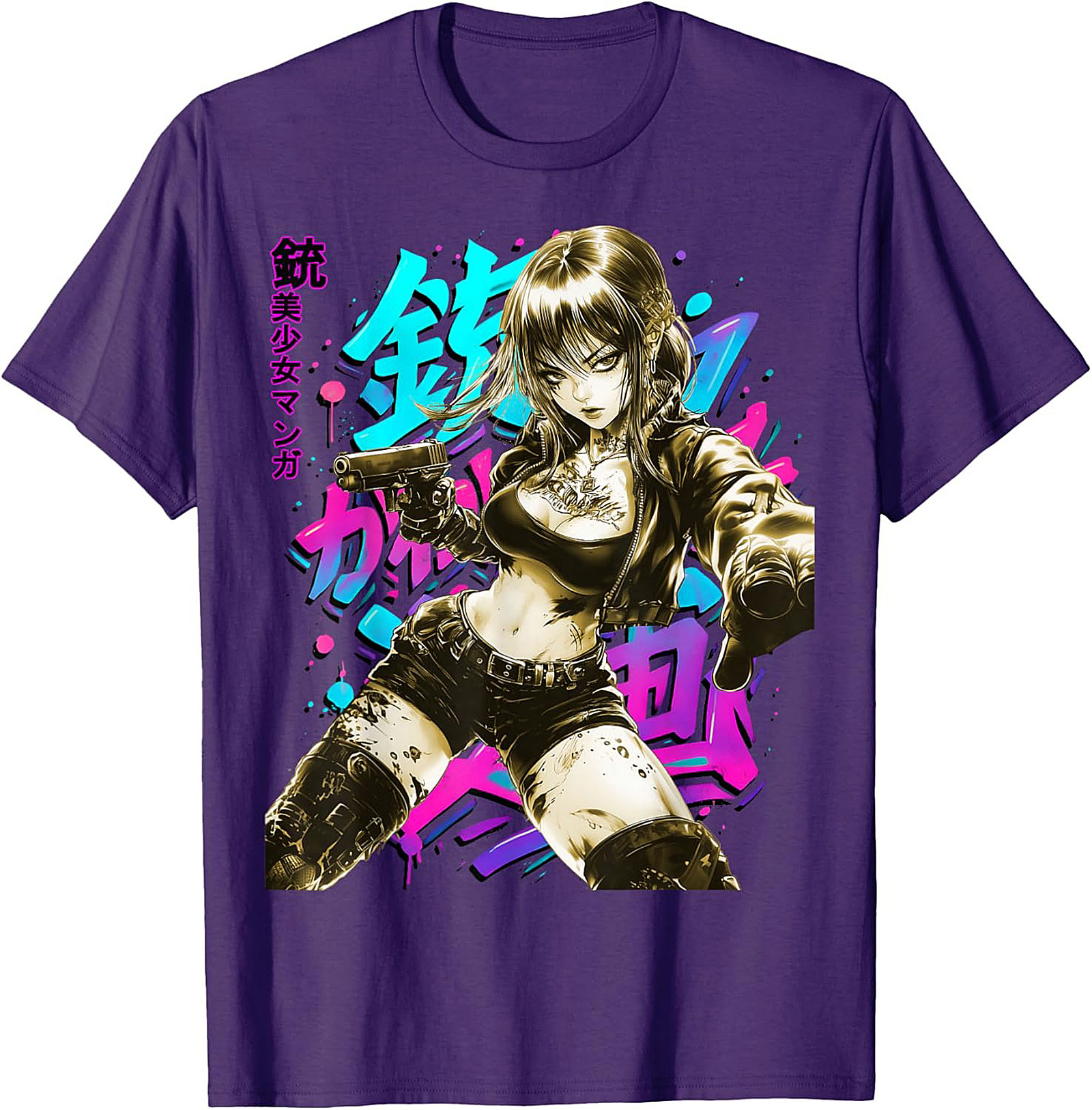 Cyberpunk Anime Girl Graphic Tee | Neon Action Shirt