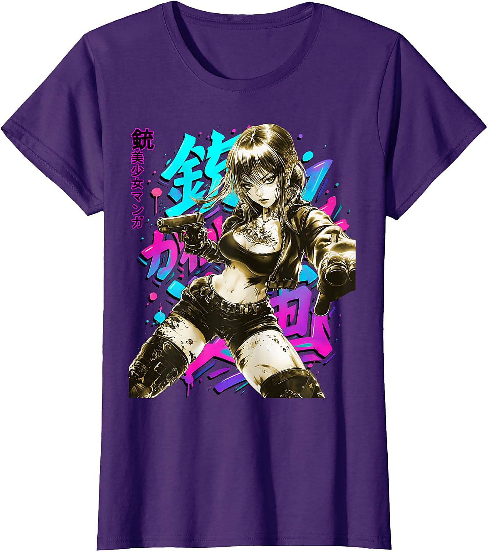 Cyberpunk Anime Girl Graphic Tee | Neon Action Shirt