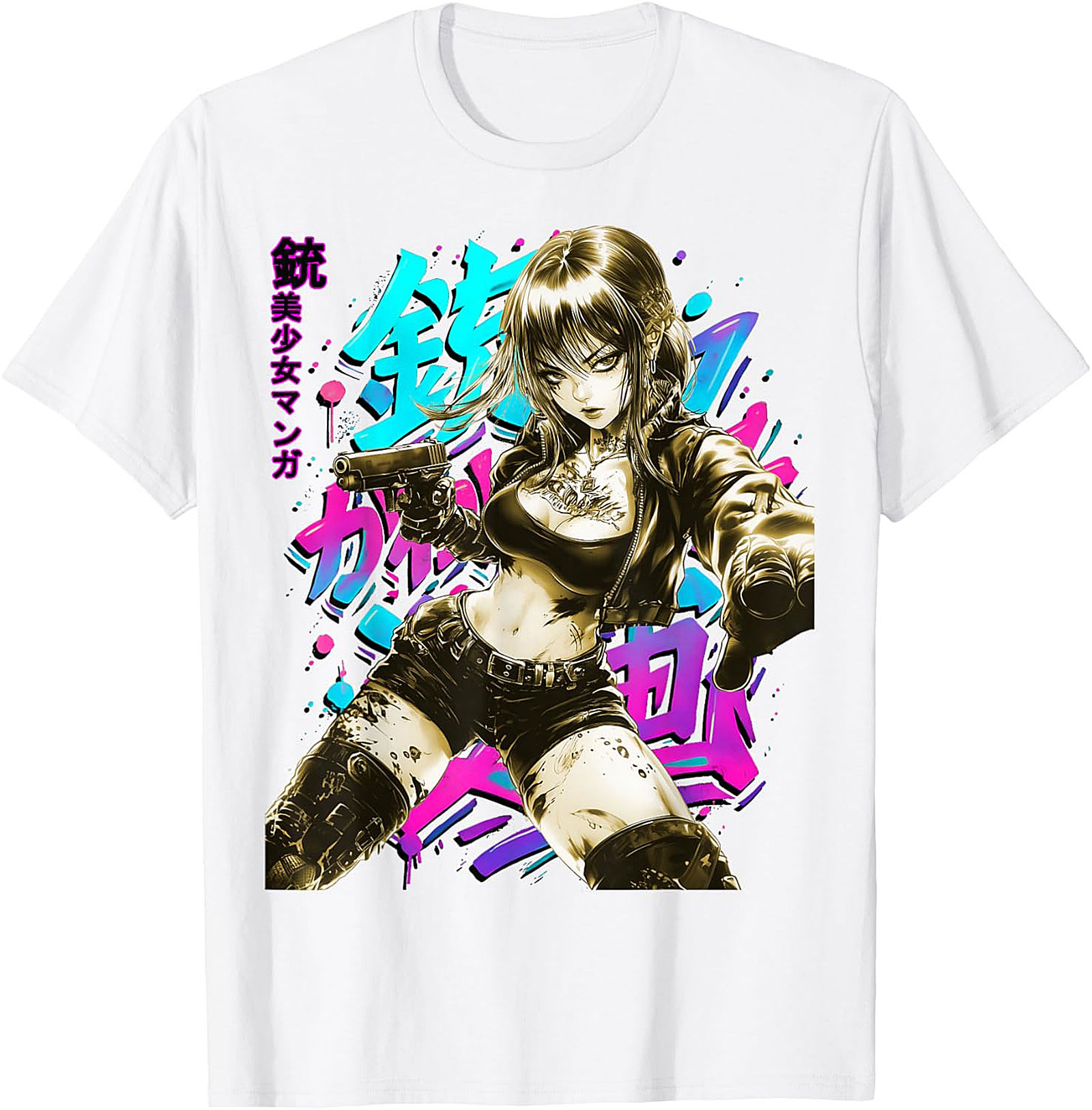 Cyberpunk Anime Girl Graphic Tee | Neon Action Shirt