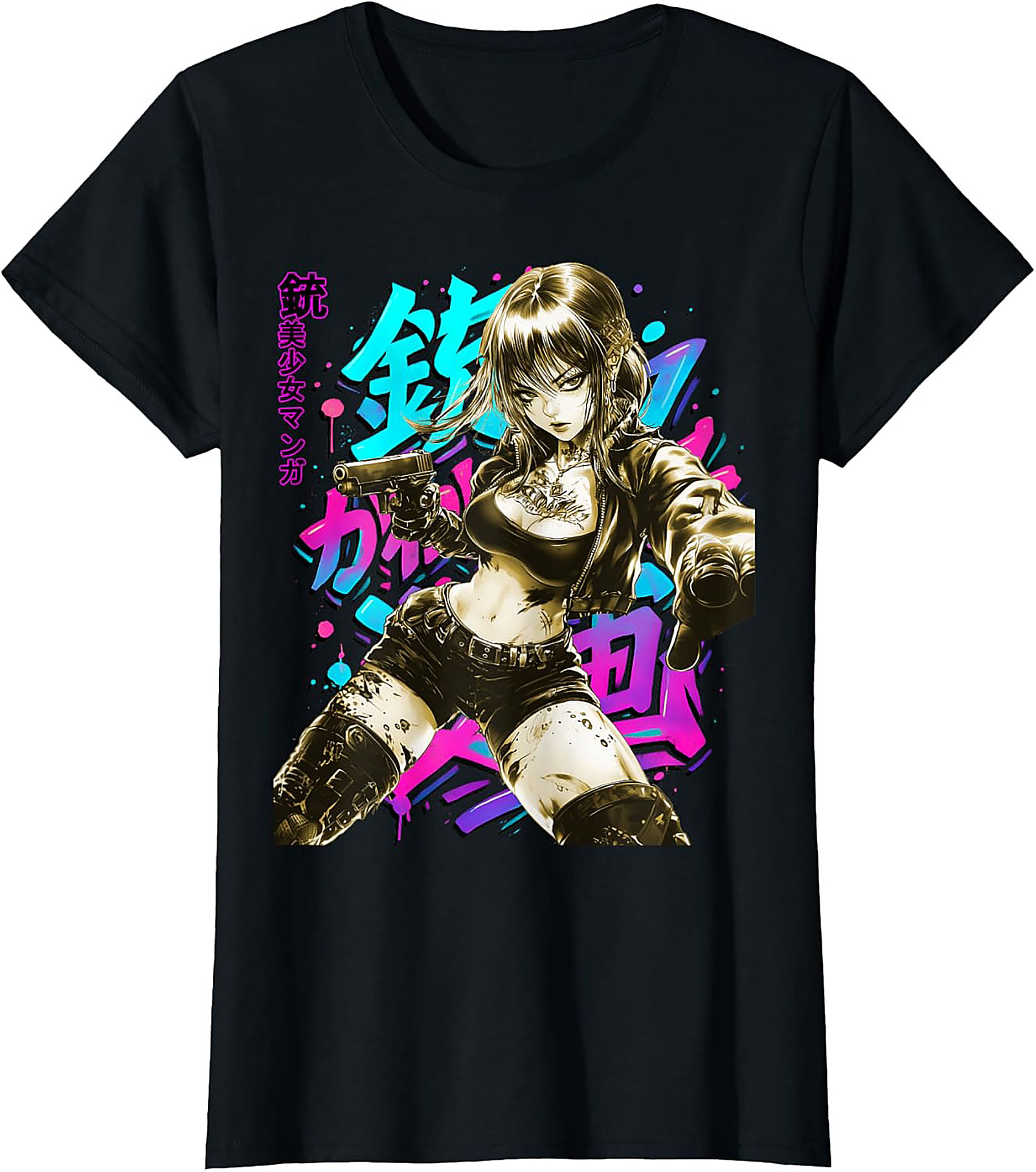 Cyberpunk Anime Girl Graphic Tee | Neon Action Shirt