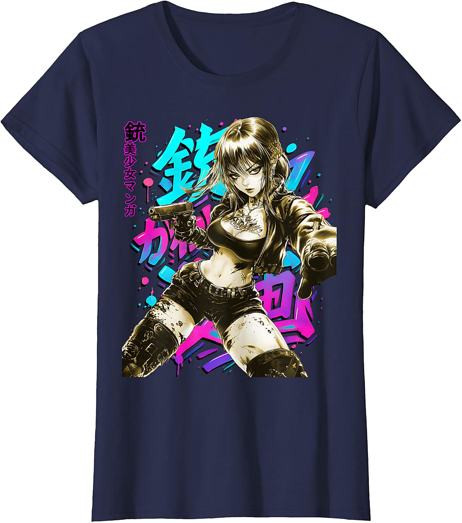 Cyberpunk Anime Girl Graphic Tee | Neon Action Shirt