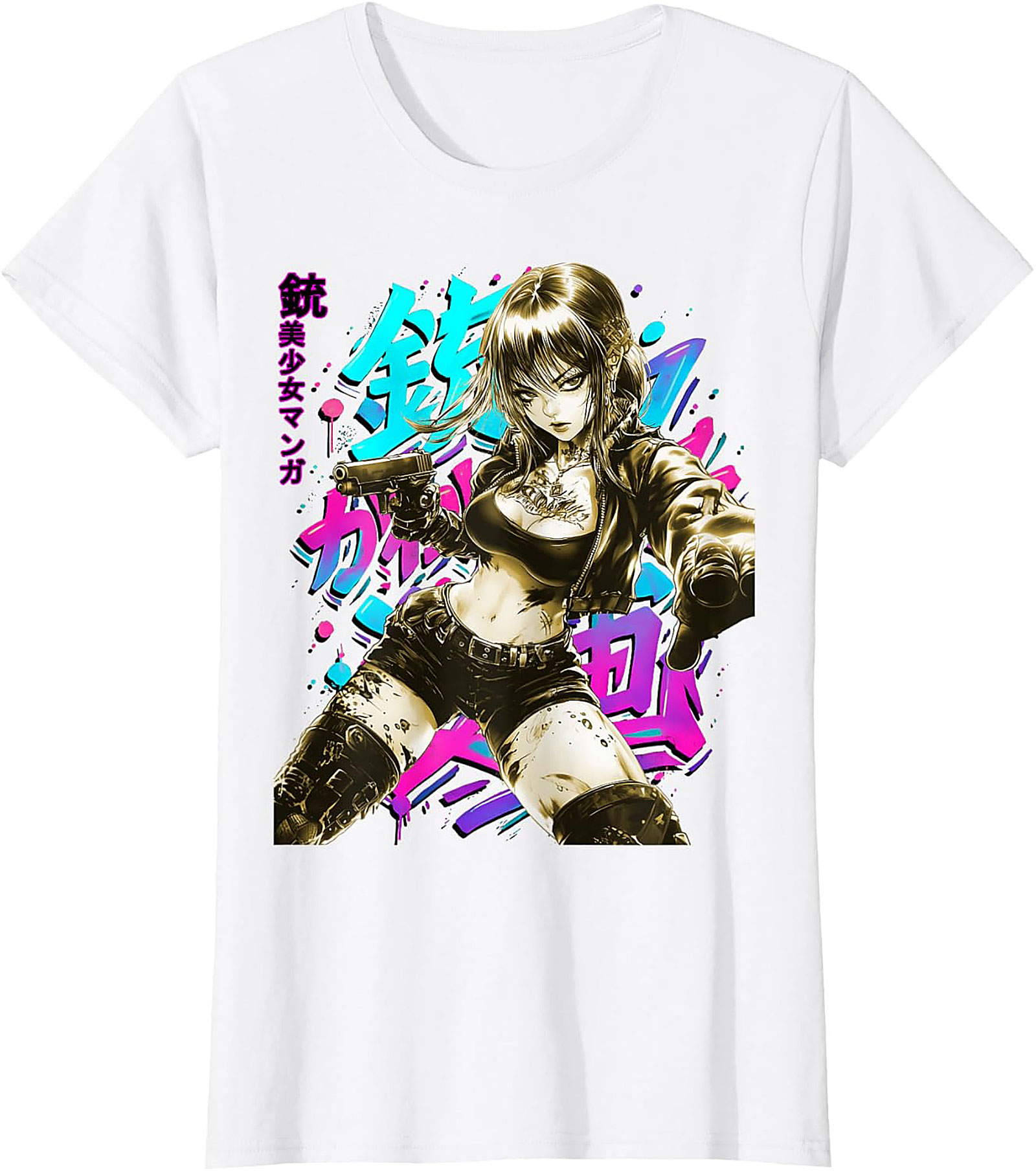 Cyberpunk Anime Girl Graphic Tee | Neon Action Shirt