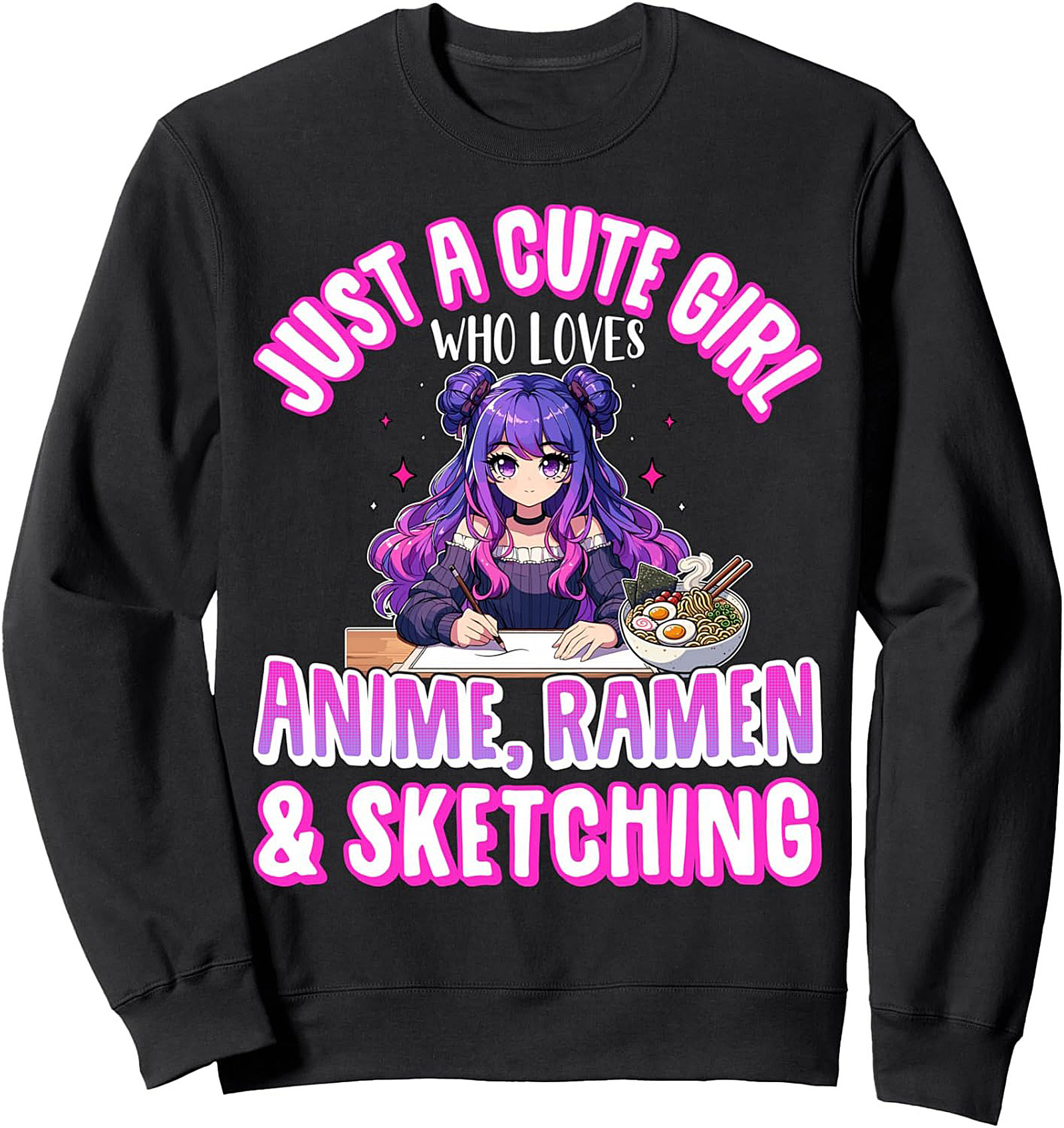 Cute Anime Girl Ramen & Sketching Crewneck Sweatshirt