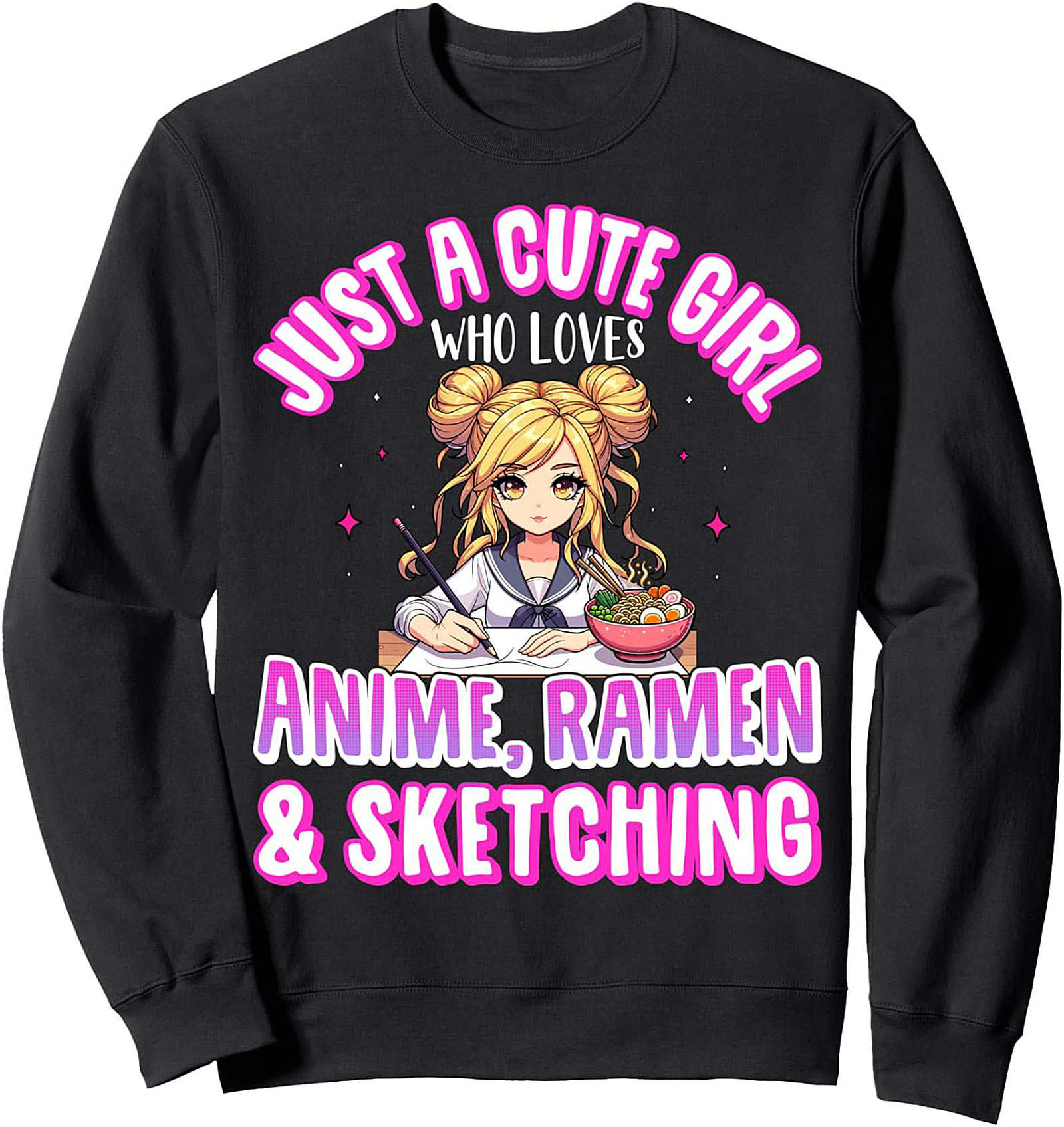 Cute Anime Girl Graphic Sweatshirt | Ramen & Sketching