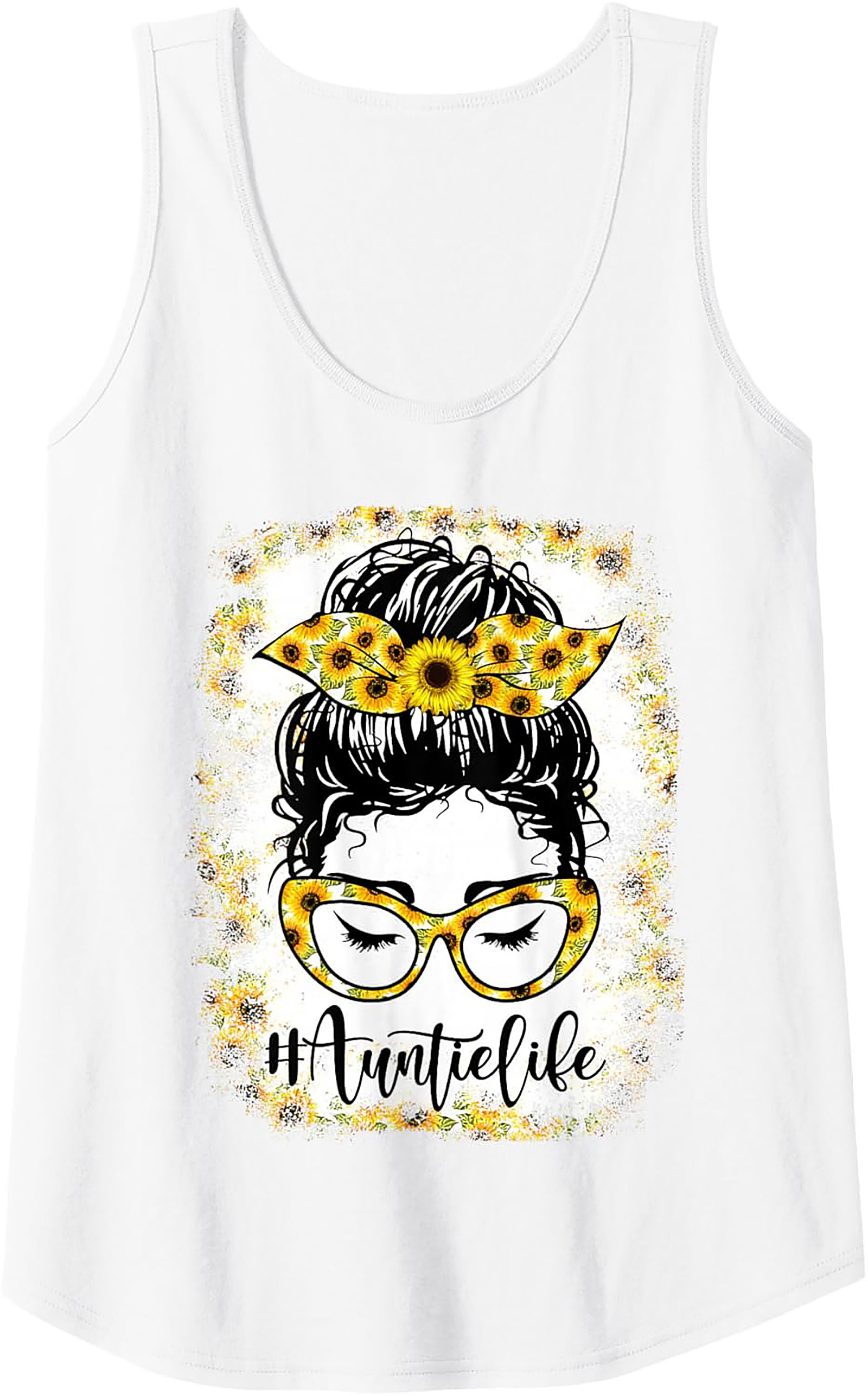 Sunflower Messy Bun #AuntieLife Graphic Tank Top