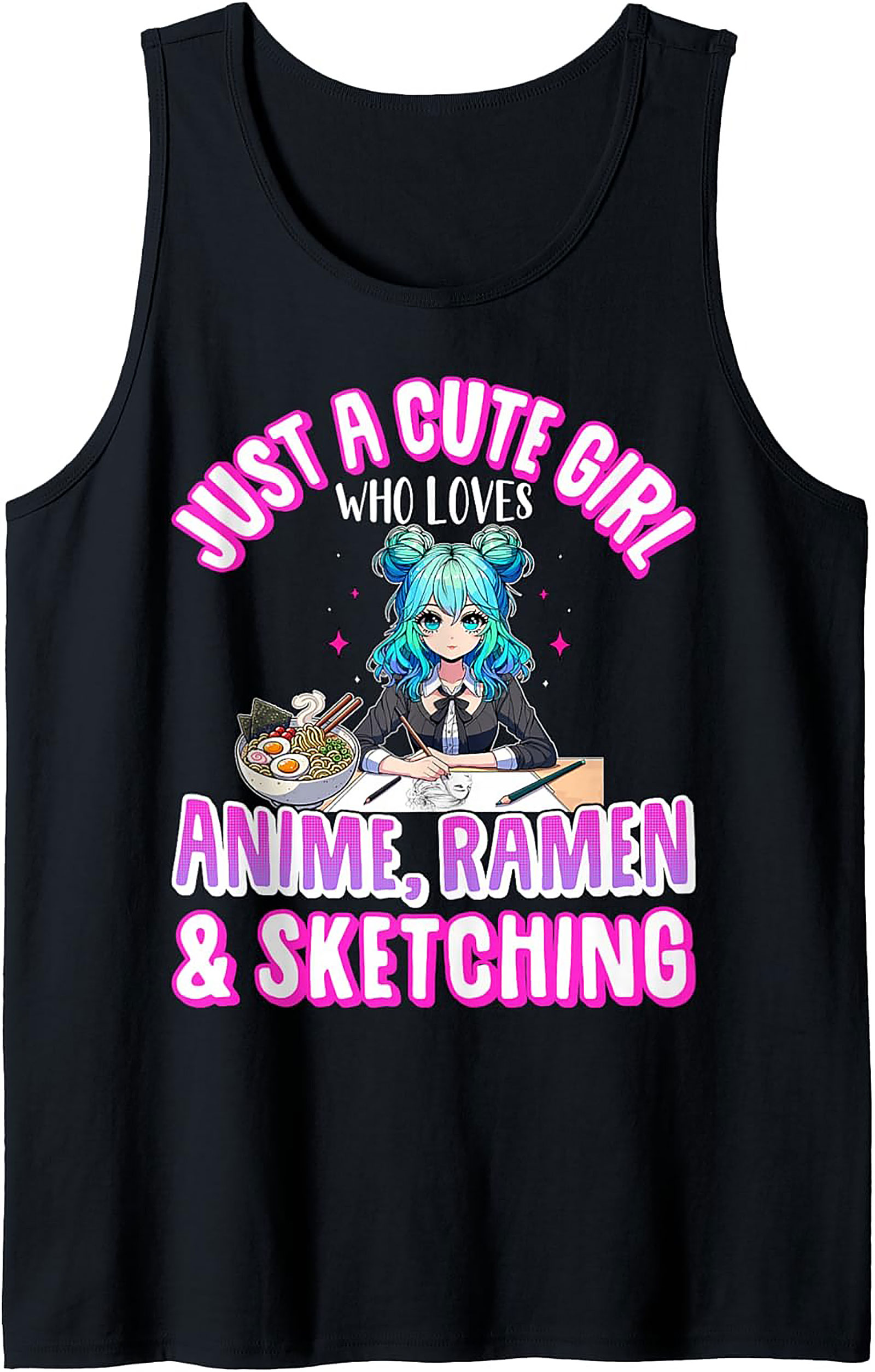 Cute Girl Anime Ramen & Sketching Graphic Tank Top