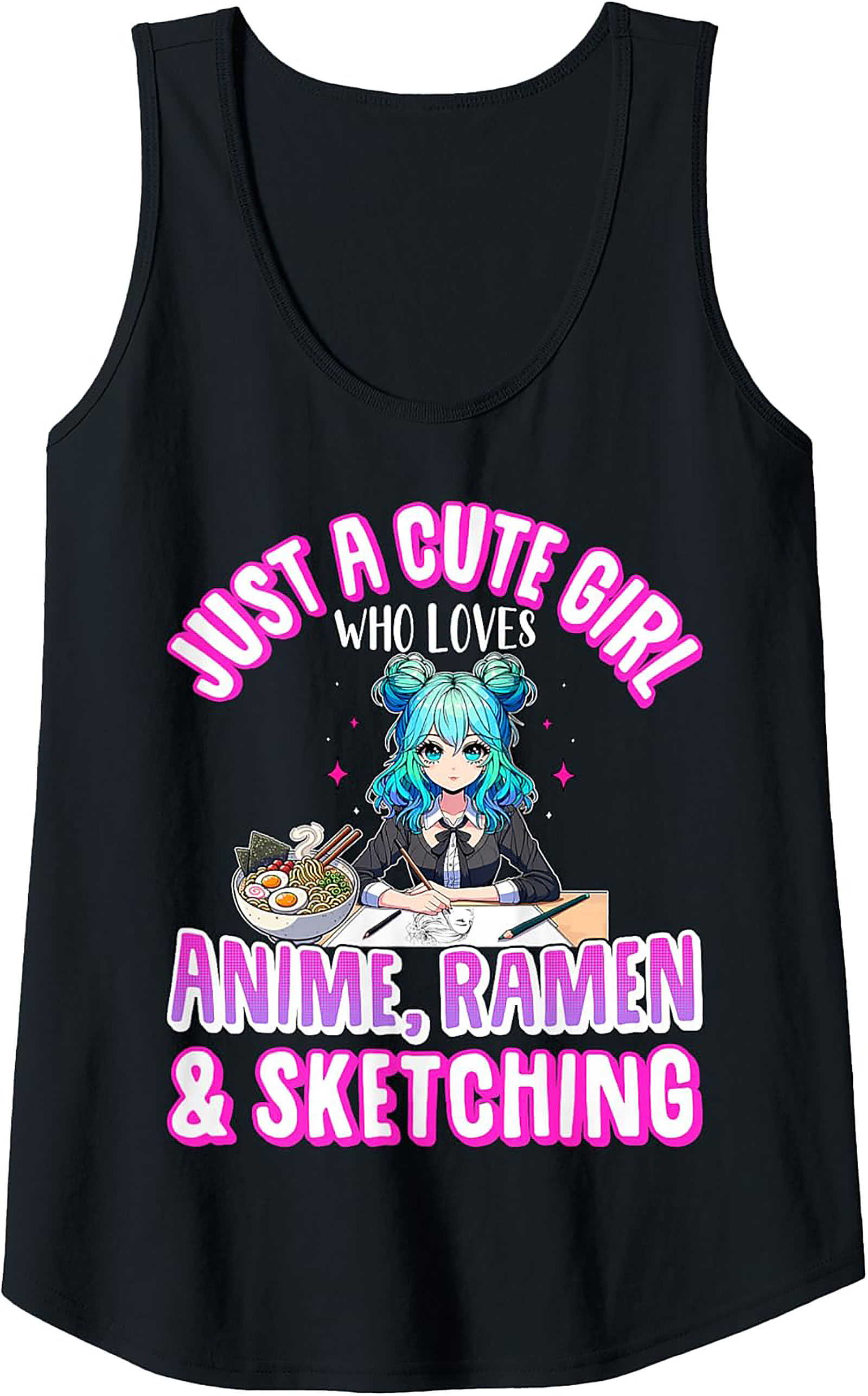 Cute Girl Anime Ramen & Sketching Graphic Tank Top