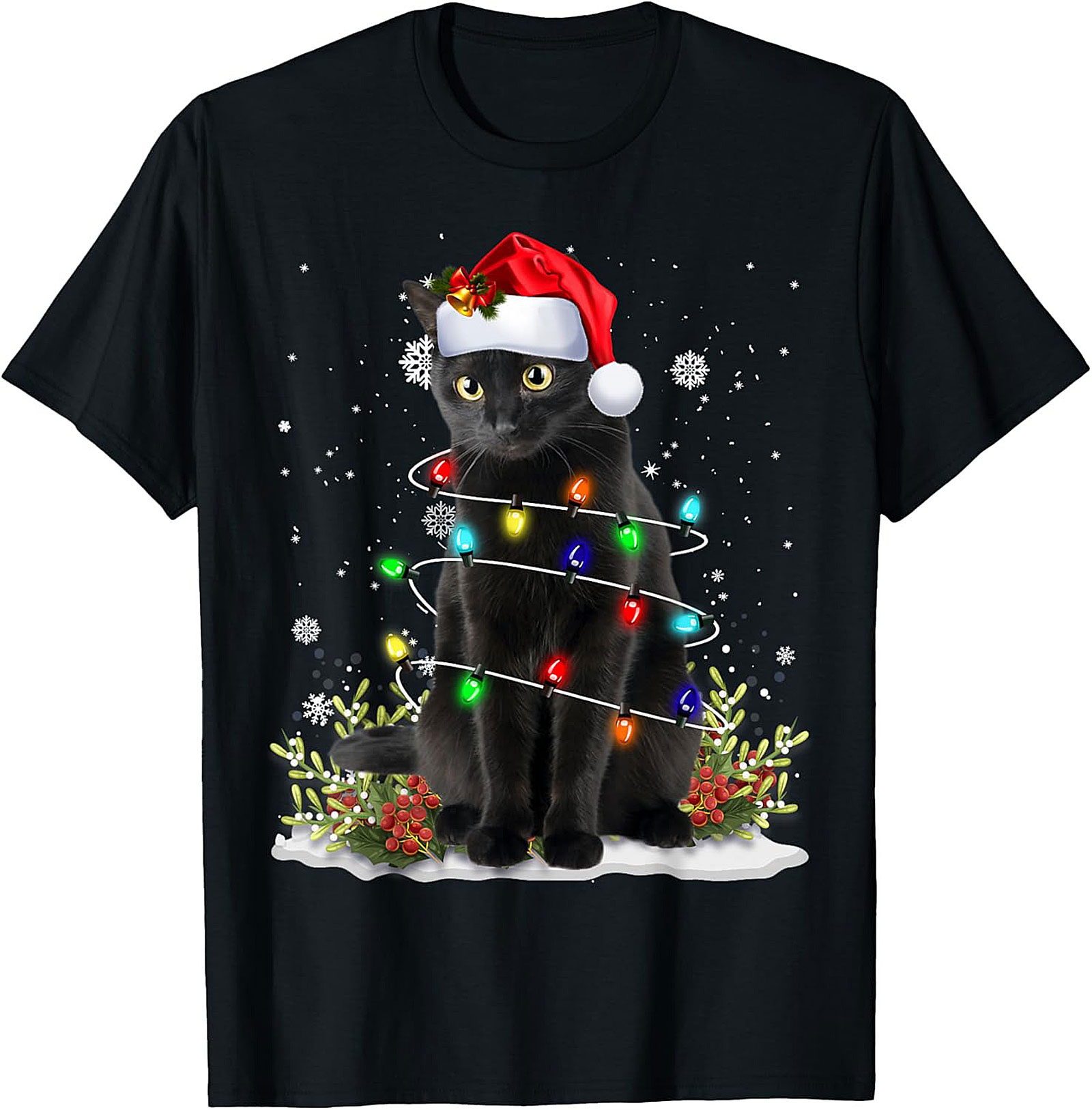 Black Cat Christmas T-Shirt Funny Holiday Tee Gift 