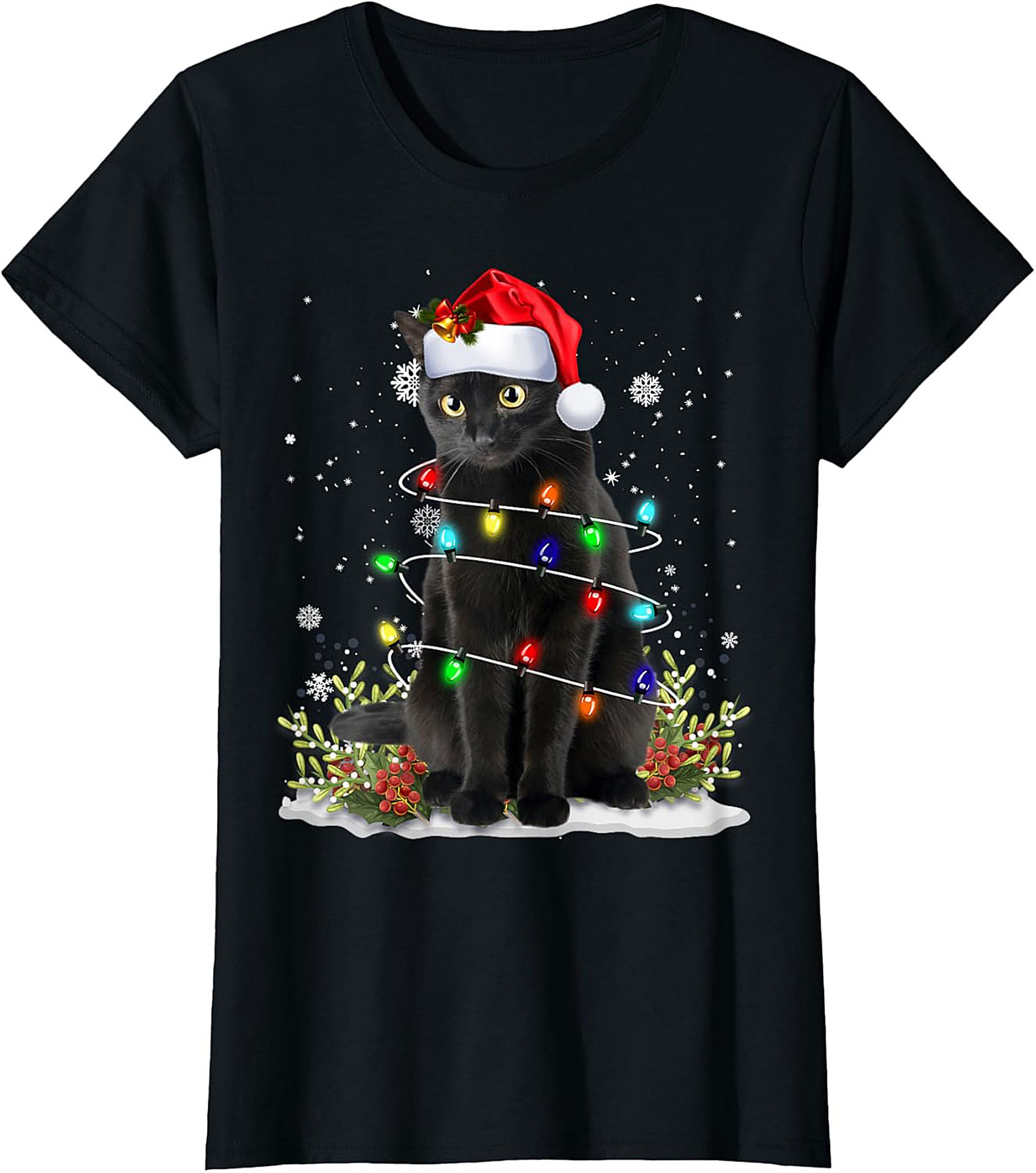 Black Cat Christmas T-Shirt Funny Holiday Tee Gift 