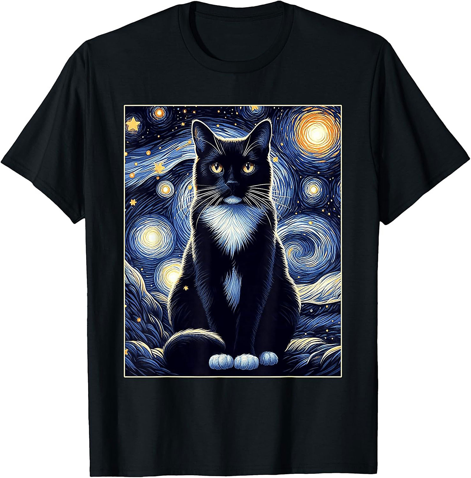 Starry Night Cat Graphic Tee Artistic Unisex Shirt