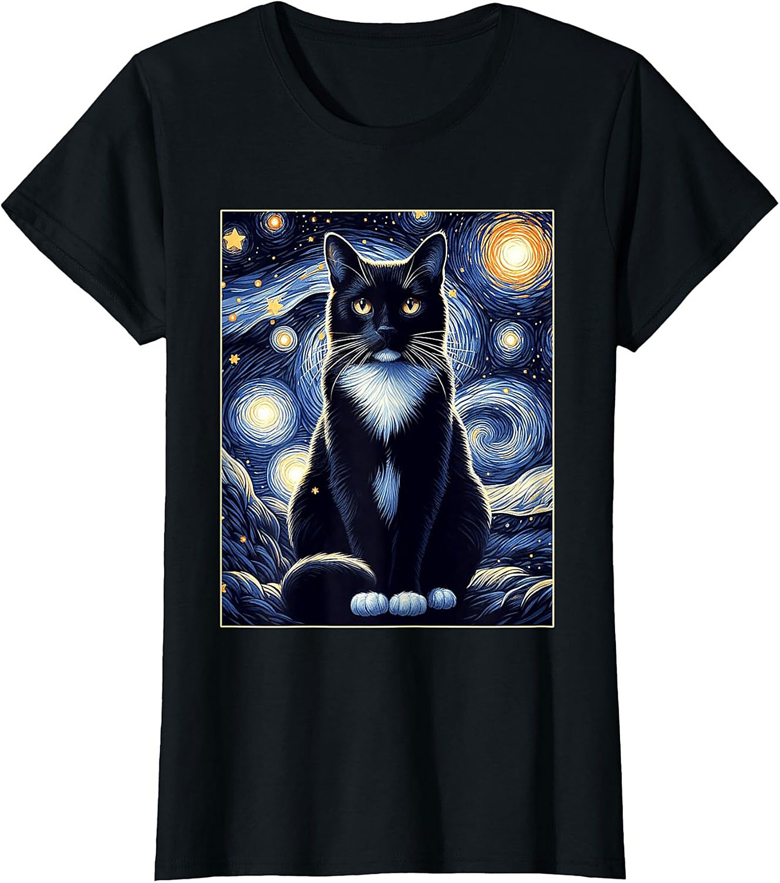Starry Night Cat Graphic Tee Artistic Unisex Shirt