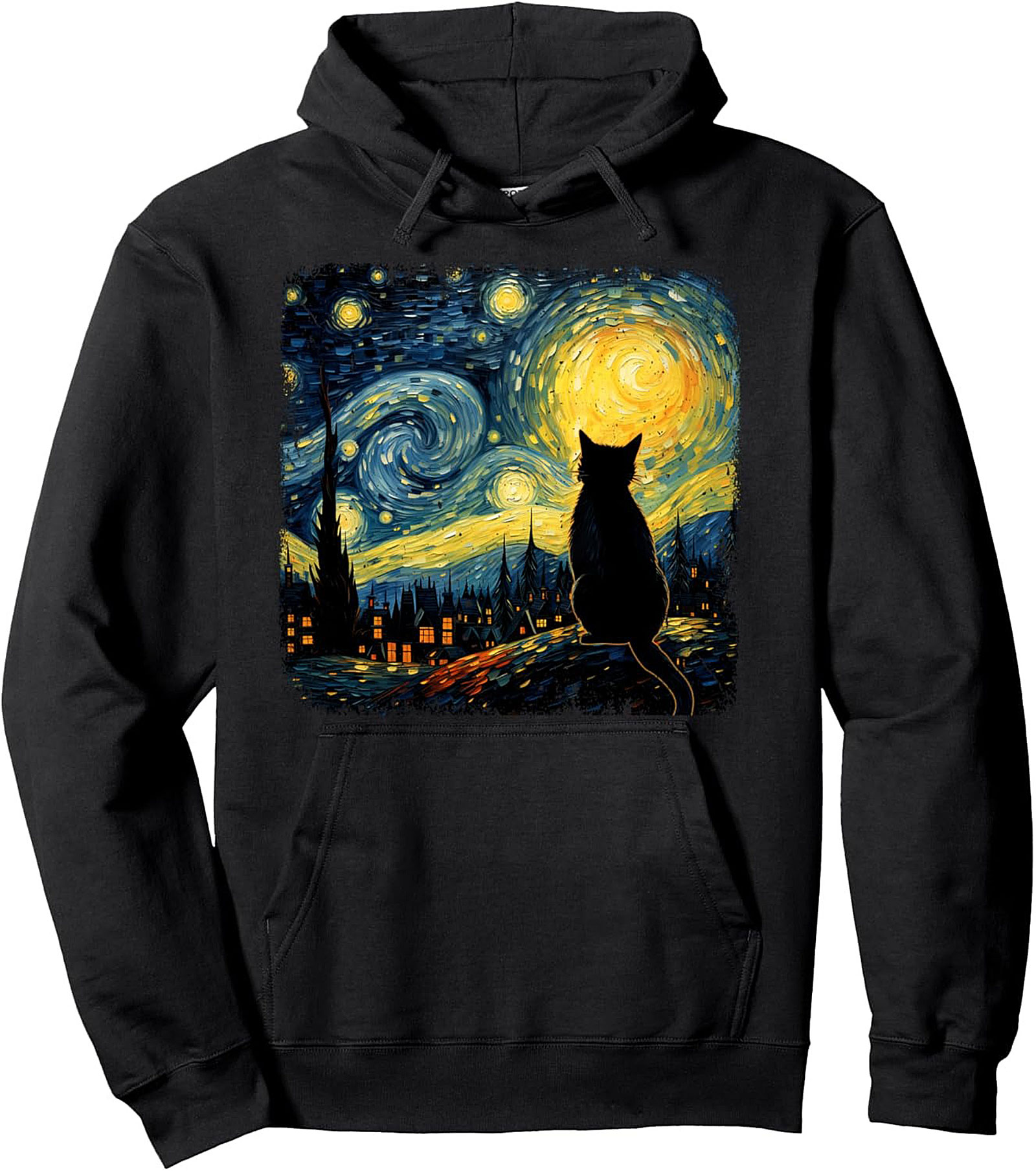 Starry Night Cat Pullover Hoodie Van Gogh Graphic