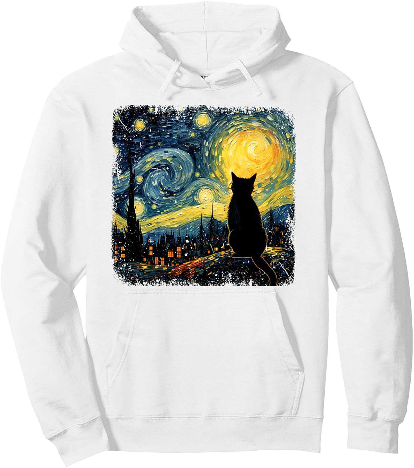 Starry Night Cat Pullover Hoodie Van Gogh Graphic