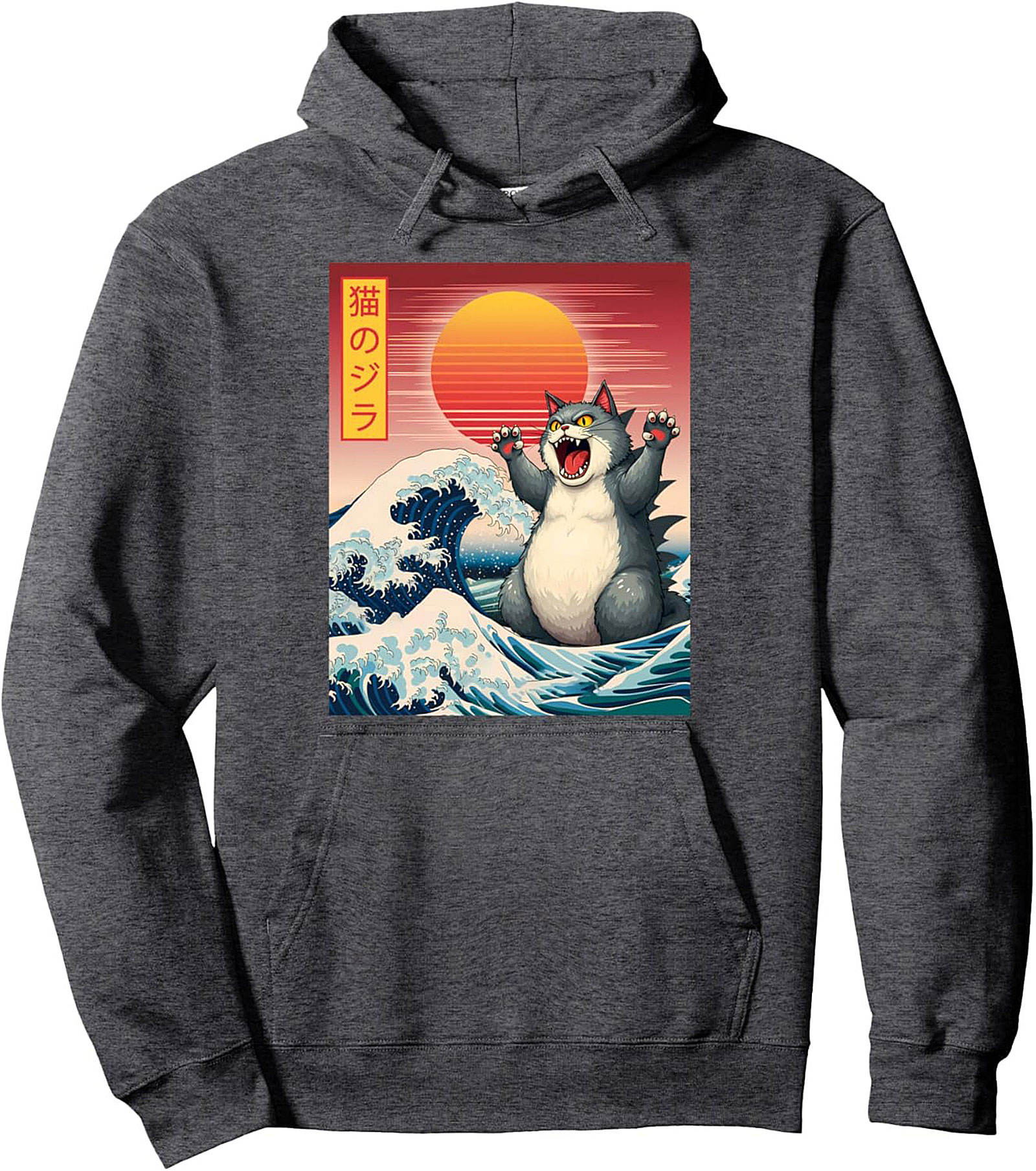 Catzilla Japanese Wave Graphic Hoodie Kaiju Cat Pullover