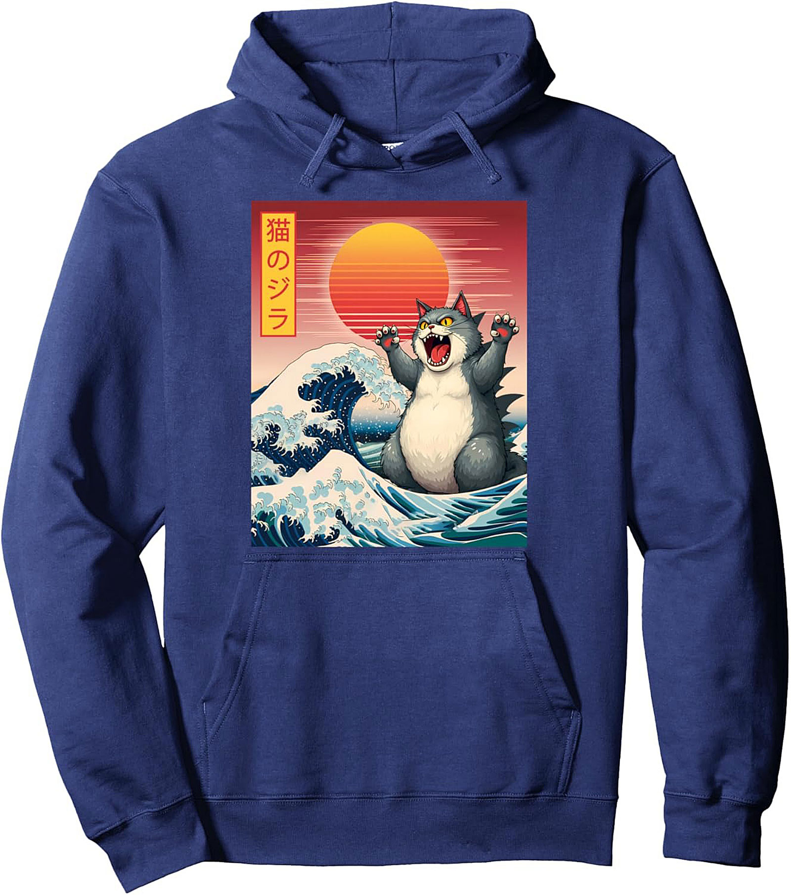 Catzilla Japanese Wave Graphic Hoodie Kaiju Cat Pullover