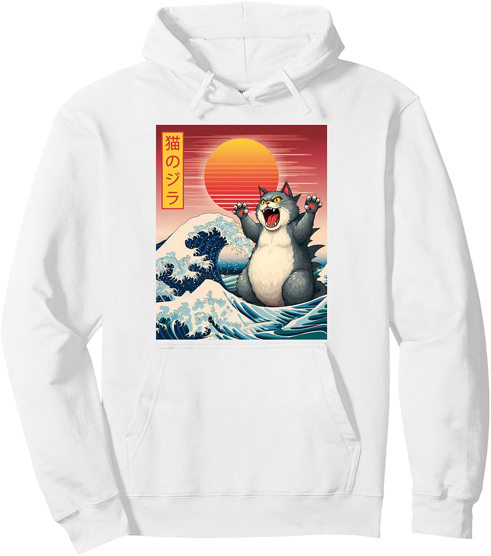 Catzilla Japanese Wave Graphic Hoodie Kaiju Cat Pullover