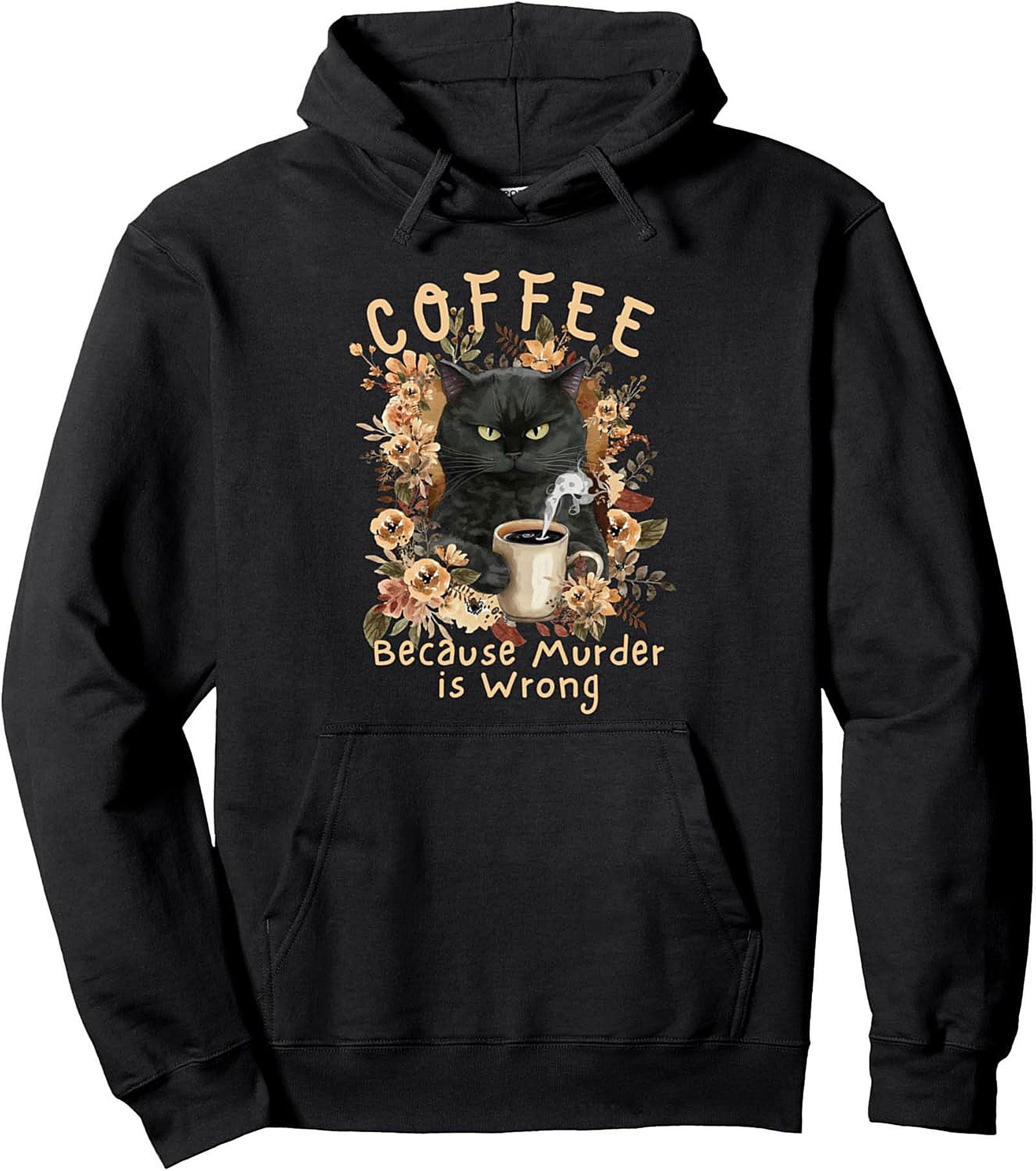 Funny Black Cat Coffee Graphic Hoodie Cozy Pullover