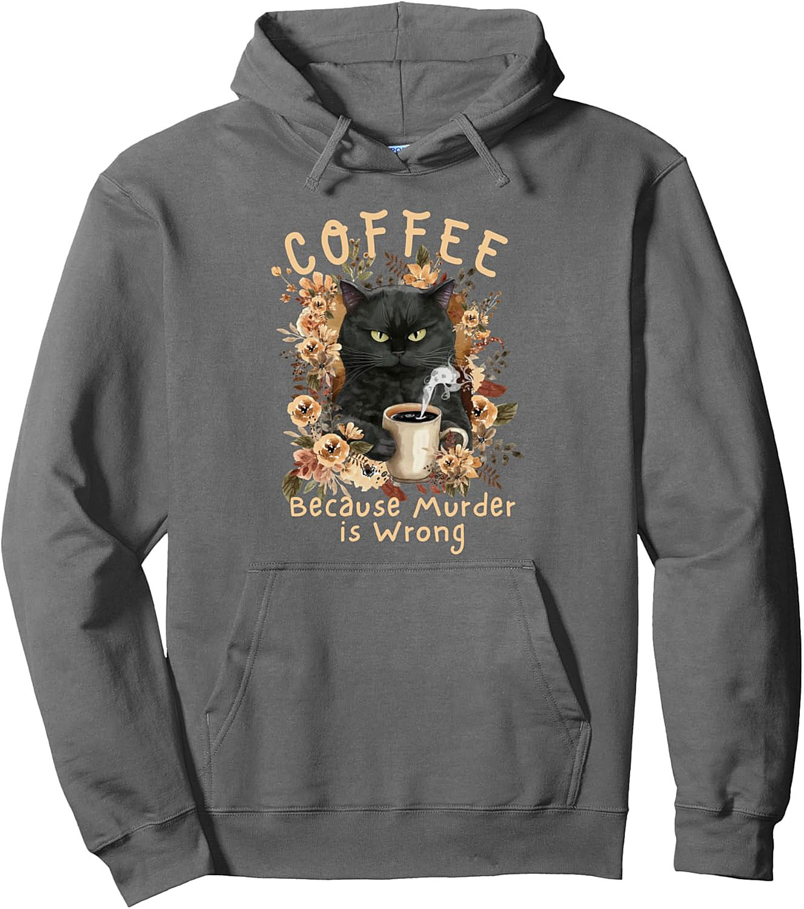 Funny Black Cat Coffee Graphic Hoodie Cozy Pullover