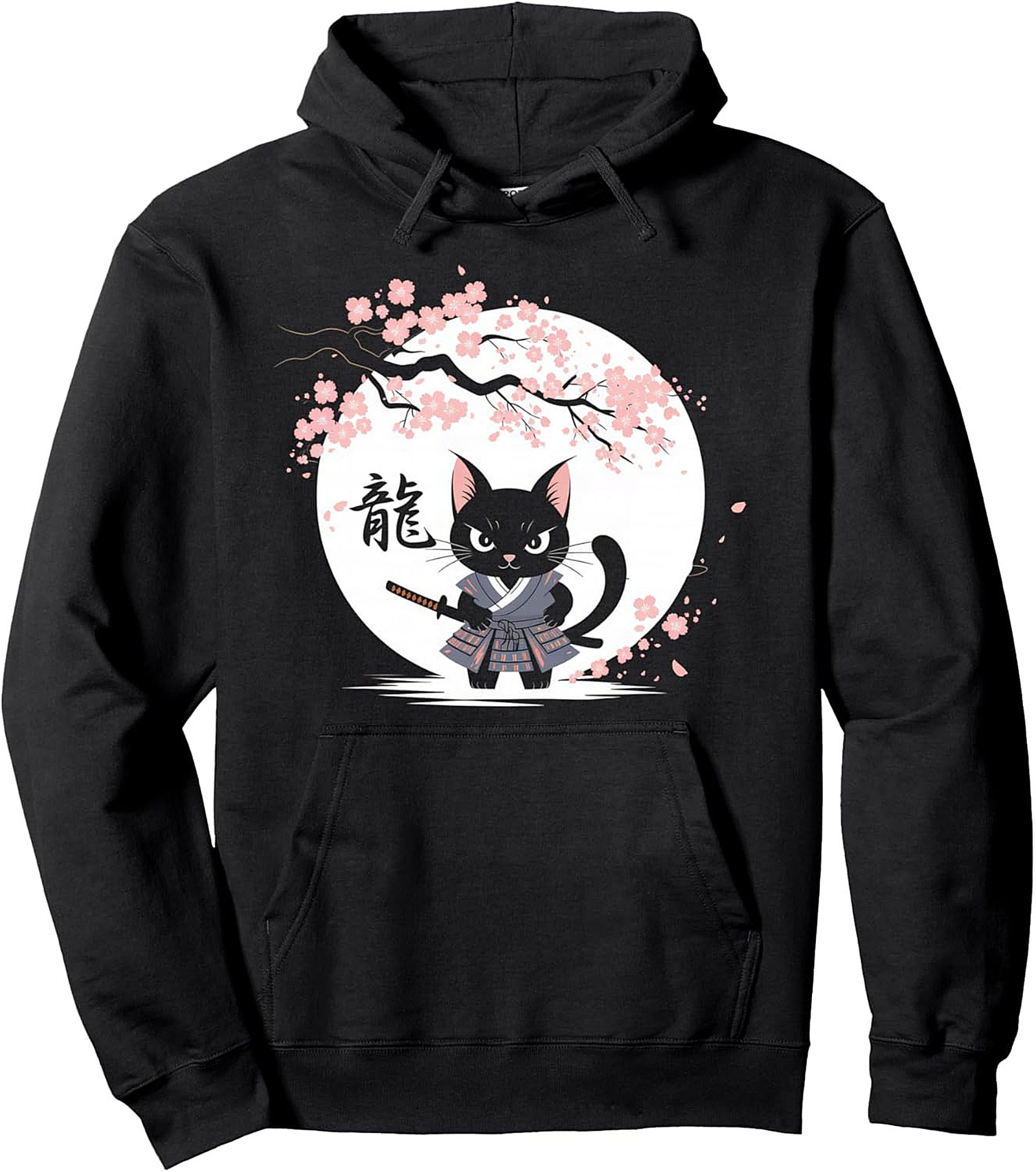 Neko Samurai Cat Graphic Hoodie Cozy Japanese Pullover