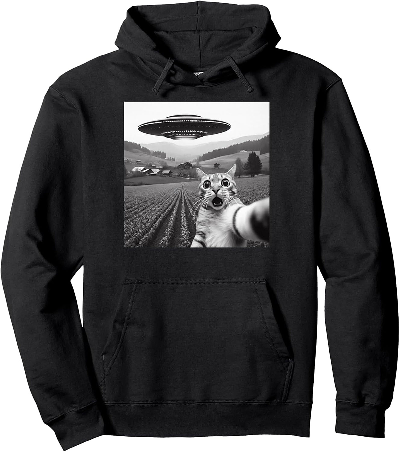 Alien Cat Selfie Pullover Hoodie Funny UFO Graphic