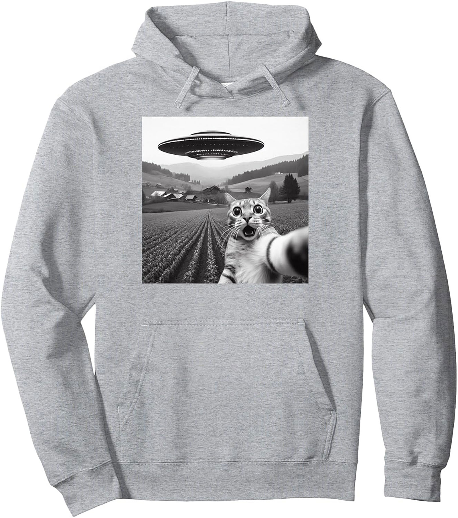Alien Cat Selfie Pullover Hoodie Funny UFO Graphic