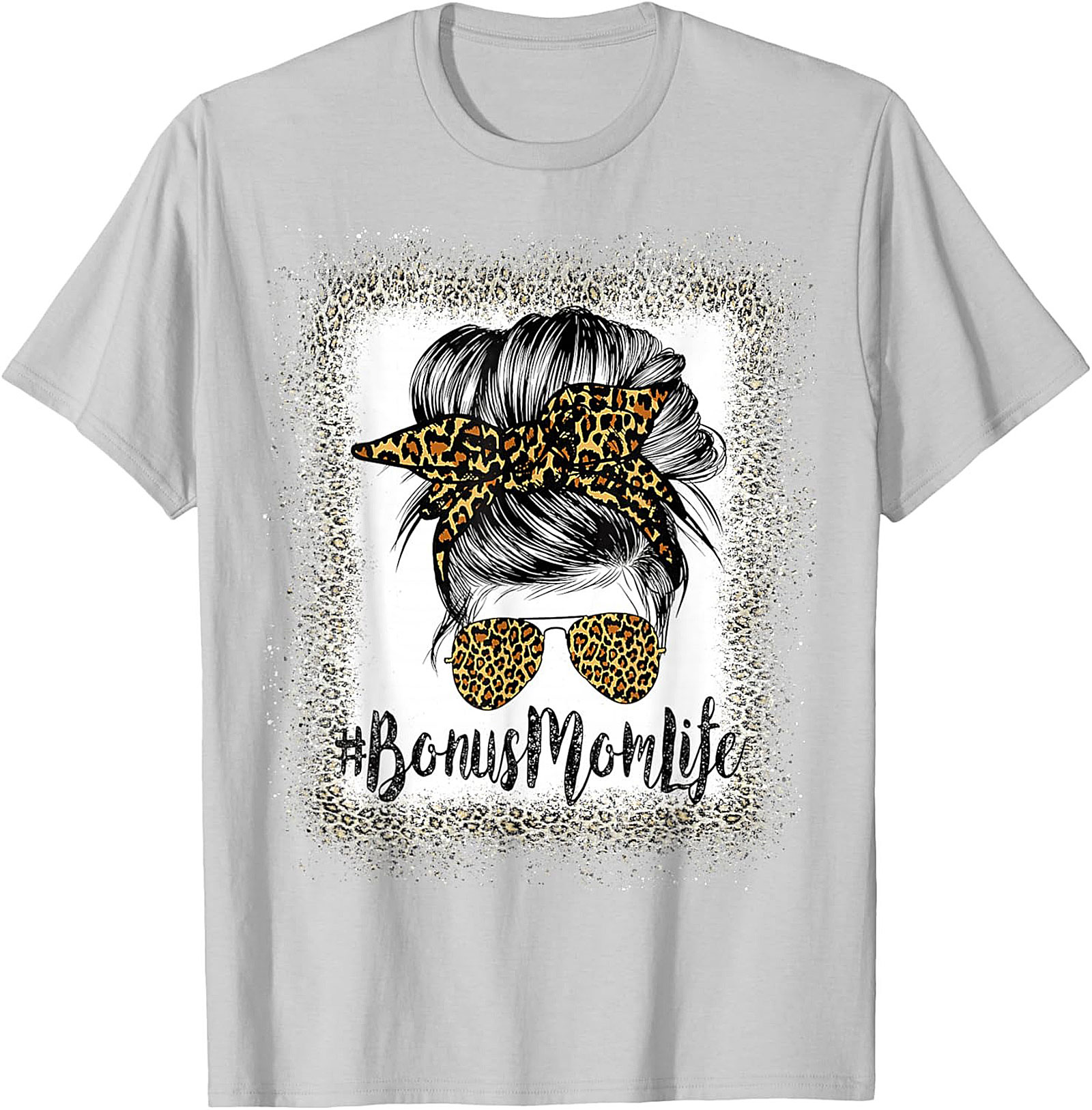 Bonus Mom T-shirt Leopard Print Messy Bun Stepmom Tee