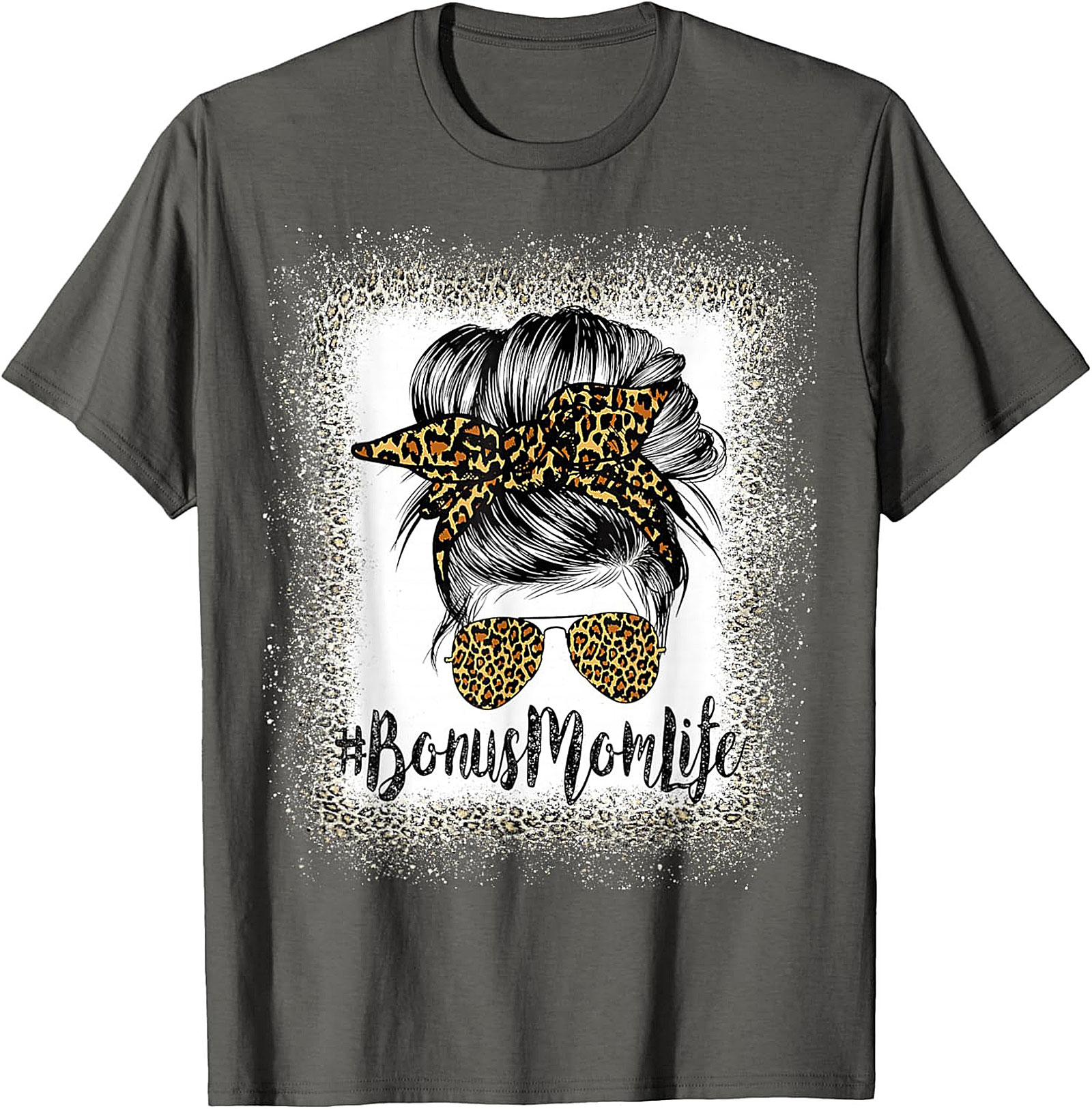 Bonus Mom T-shirt Leopard Print Messy Bun Stepmom Tee