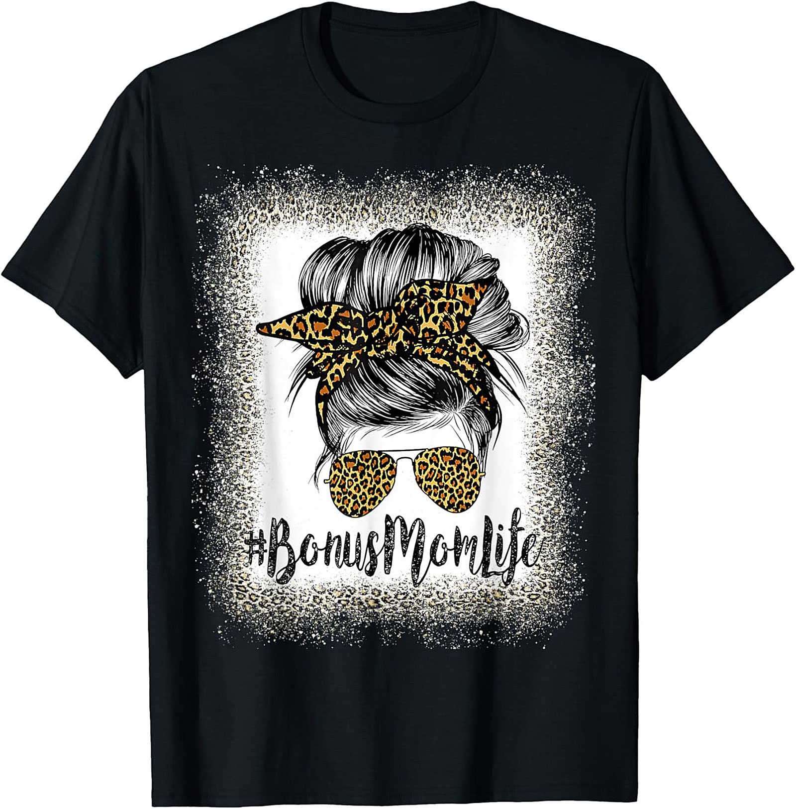Bonus Mom T-shirt Leopard Print Messy Bun Stepmom Tee