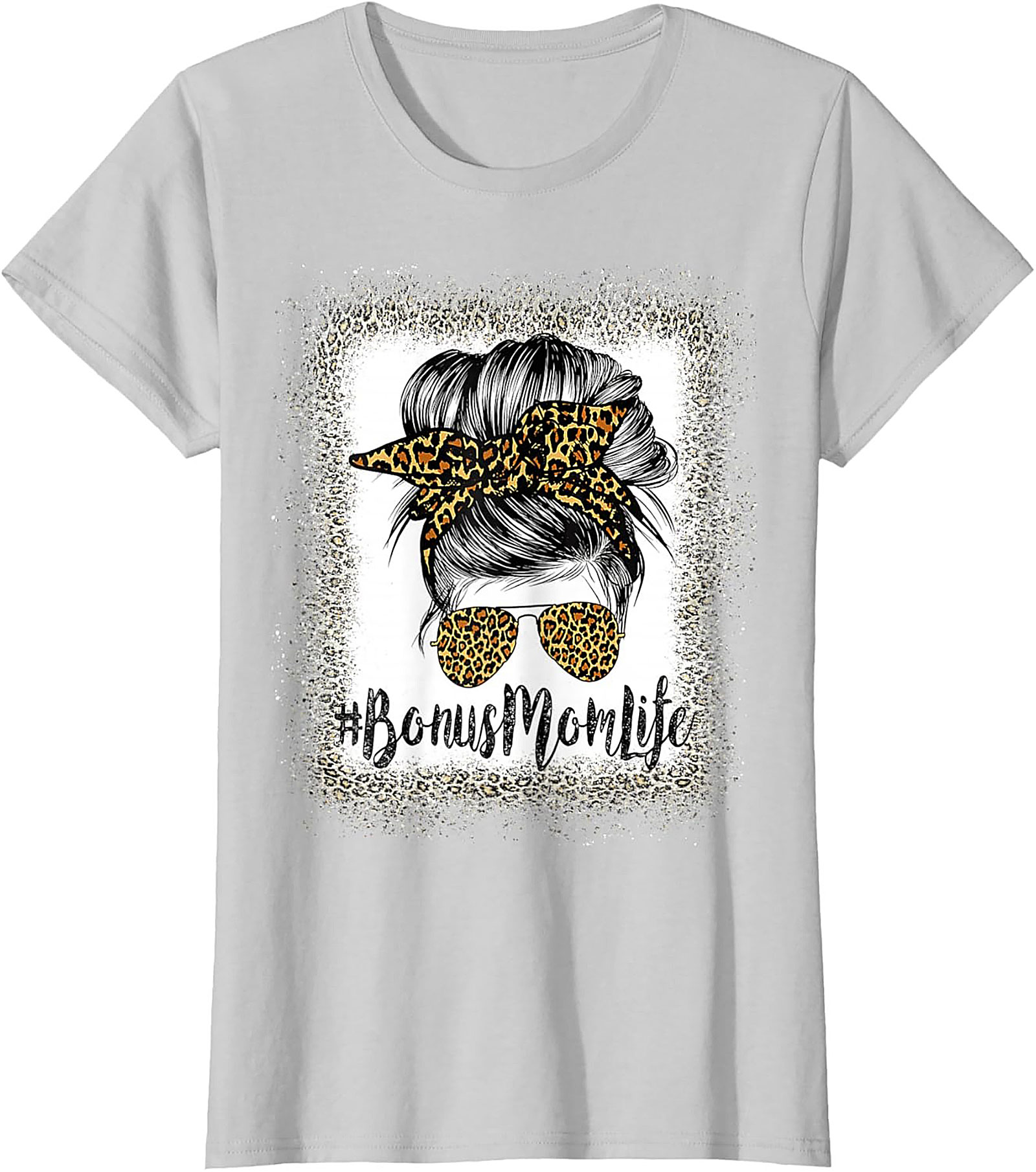 Bonus Mom T-shirt Leopard Print Messy Bun Stepmom Tee