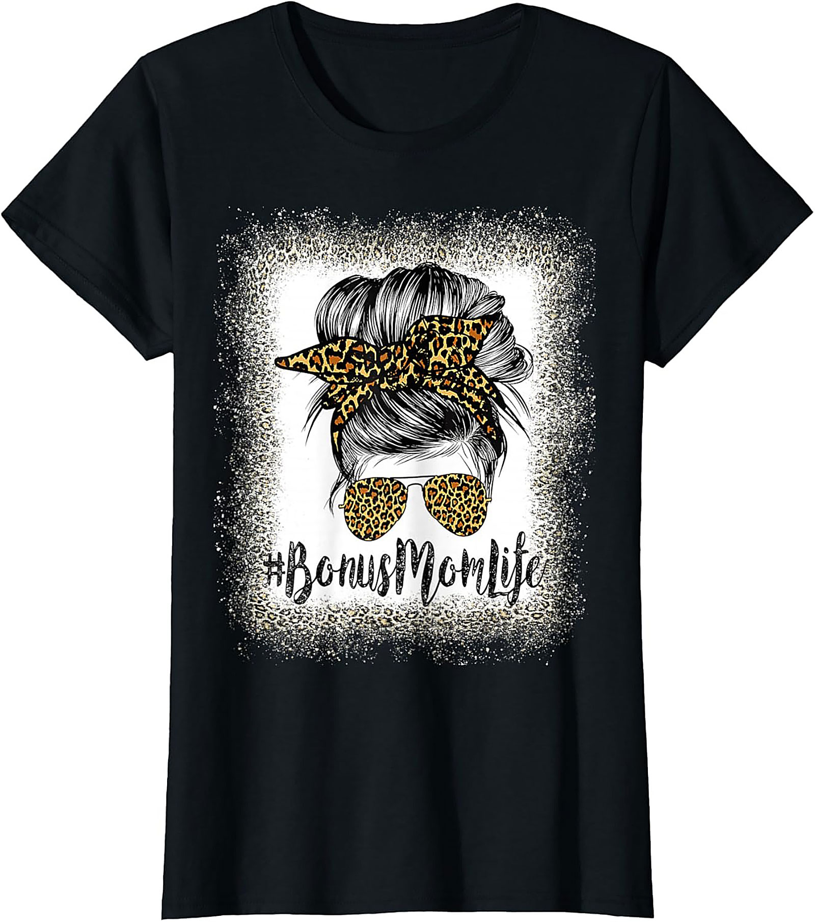 Bonus Mom T-shirt Leopard Print Messy Bun Stepmom Tee