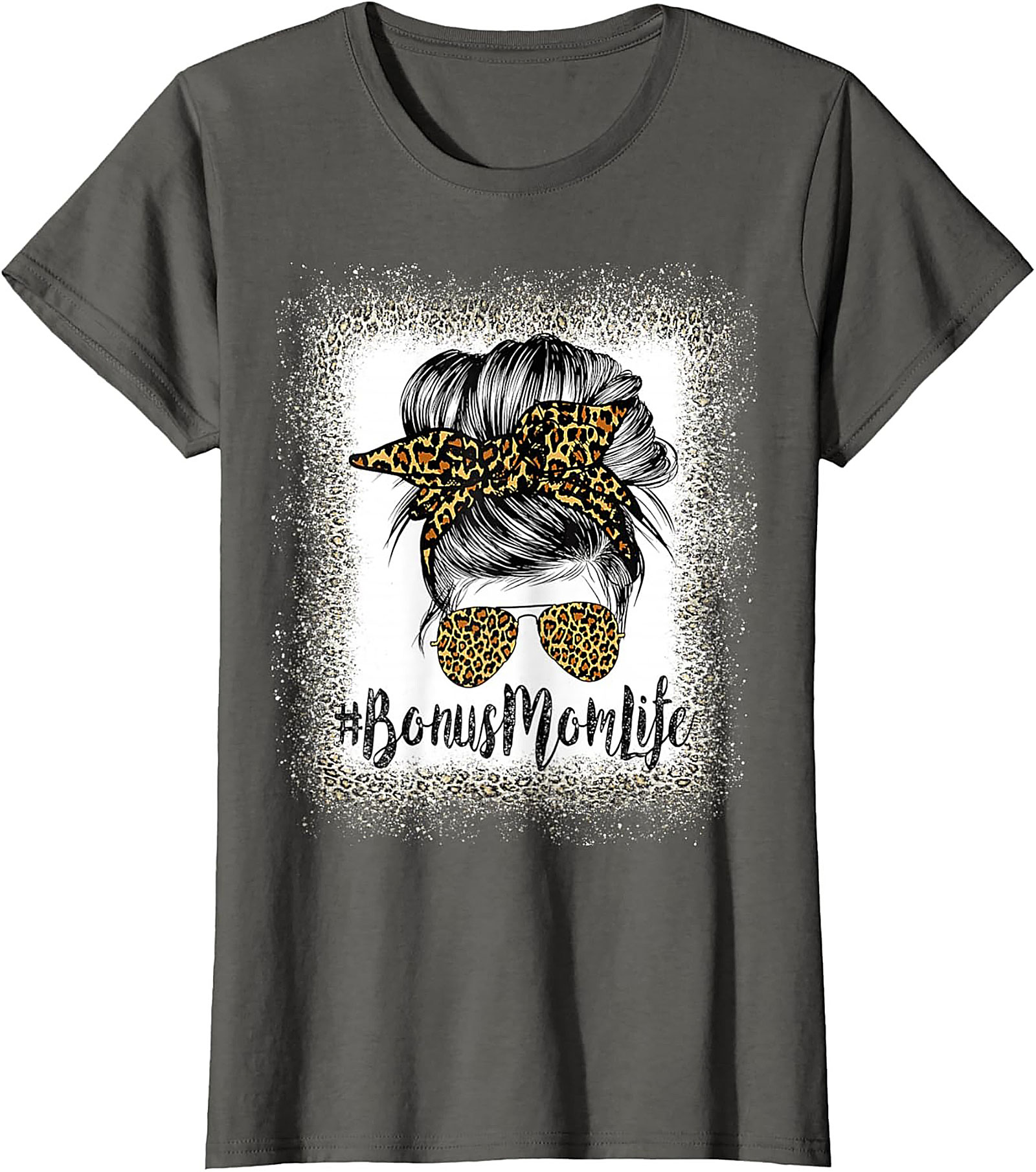 Bonus Mom T-shirt Leopard Print Messy Bun Stepmom Tee